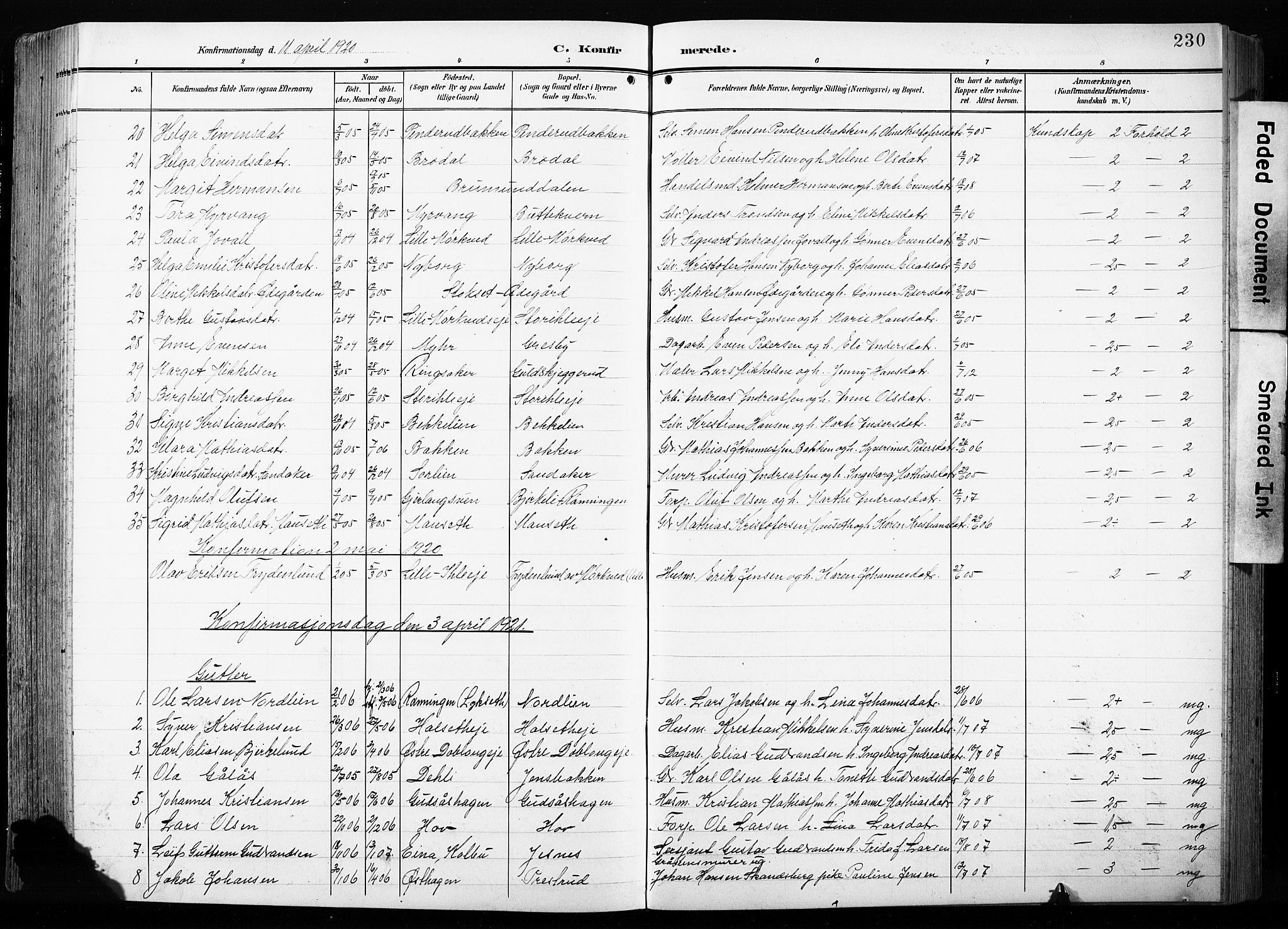 Furnes prestekontor, AV/SAH-PREST-012/L/La/L0001: Parish register (copy) no. 1, 1904-1933, p. 230