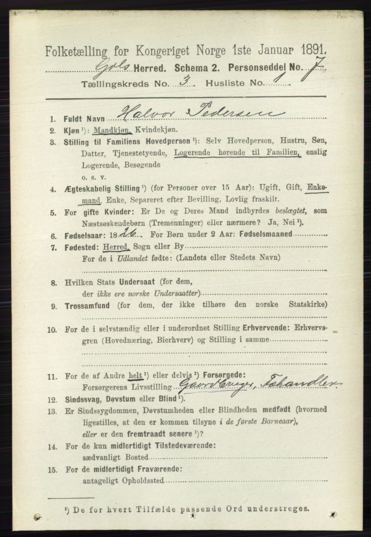 RA, 1891 census for 0617 Gol og Hemsedal, 1891, p. 1279