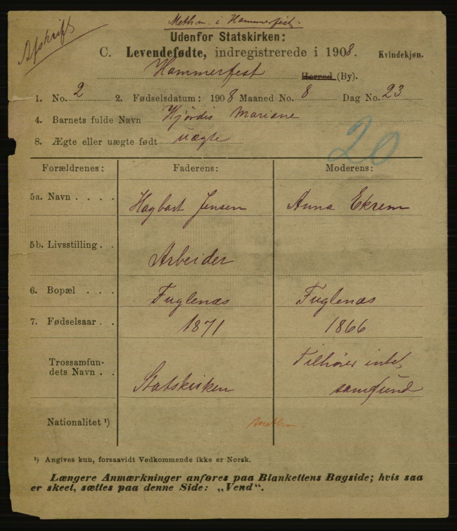 Statistisk sentralbyrå, Sosiodemografiske emner, Befolkning, AV/RA-S-2228/E/L0006: Fødte, gifte, døde dissentere., 1908, p. 1781