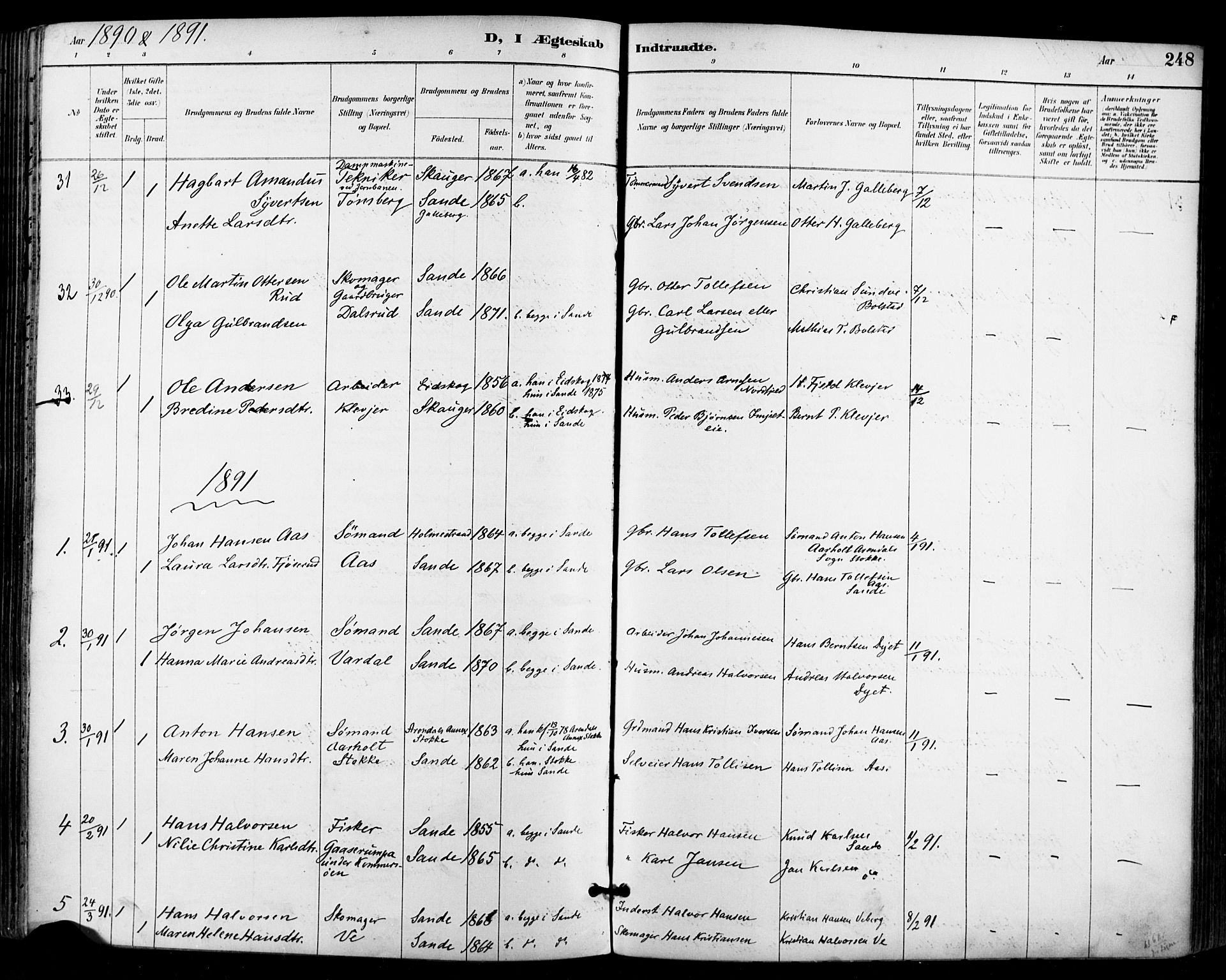 Sande Kirkebøker, AV/SAKO-A-53/F/Fa/L0007: Parish register (official) no. 7, 1888-1903, p. 248