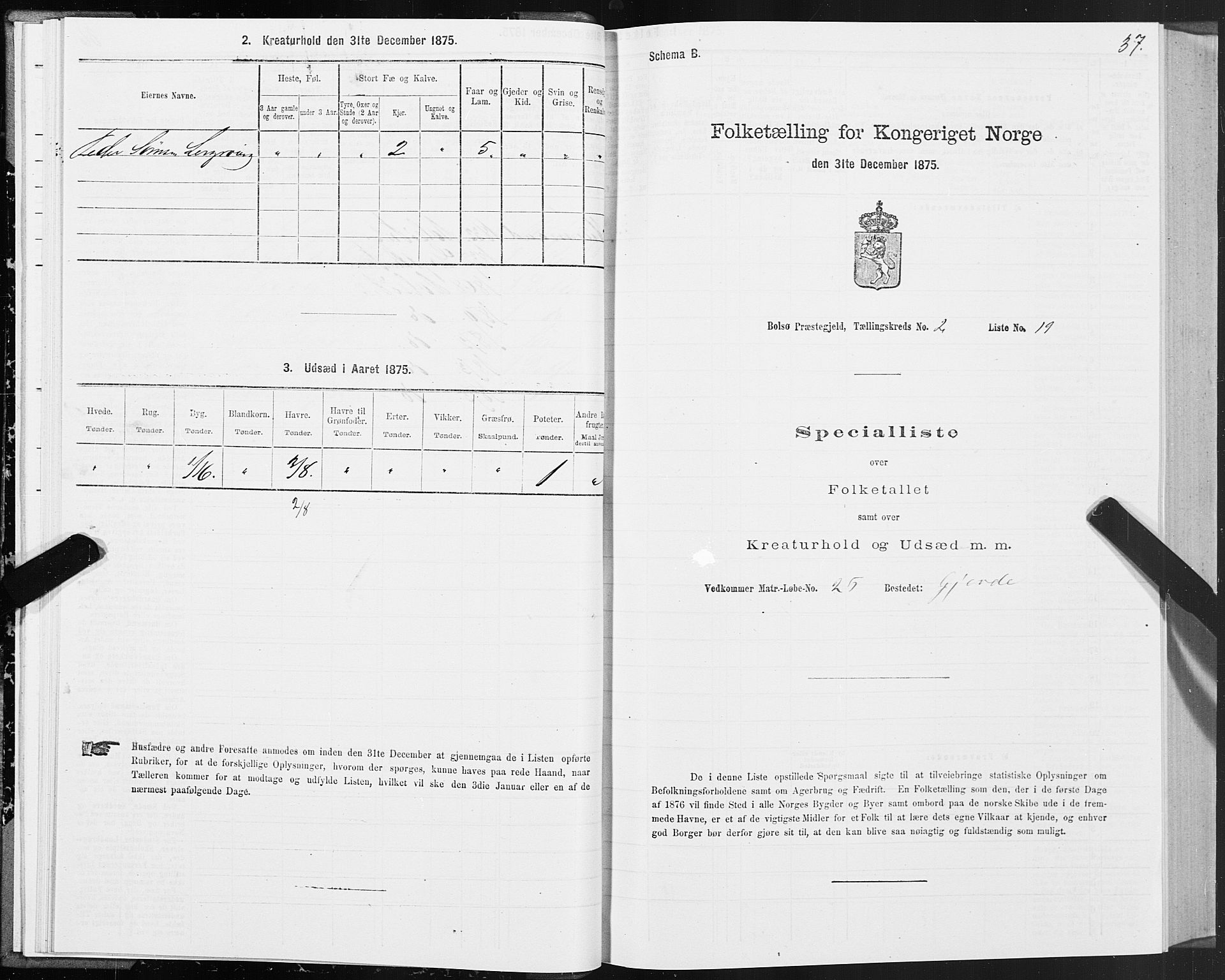 SAT, 1875 census for 1544P Bolsøy, 1875, p. 2037