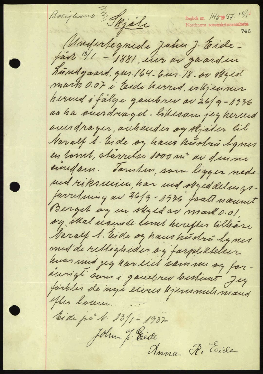 Nordmøre sorenskriveri, AV/SAT-A-4132/1/2/2Ca: Mortgage book no. A80, 1936-1937, Diary no: : 146/1937