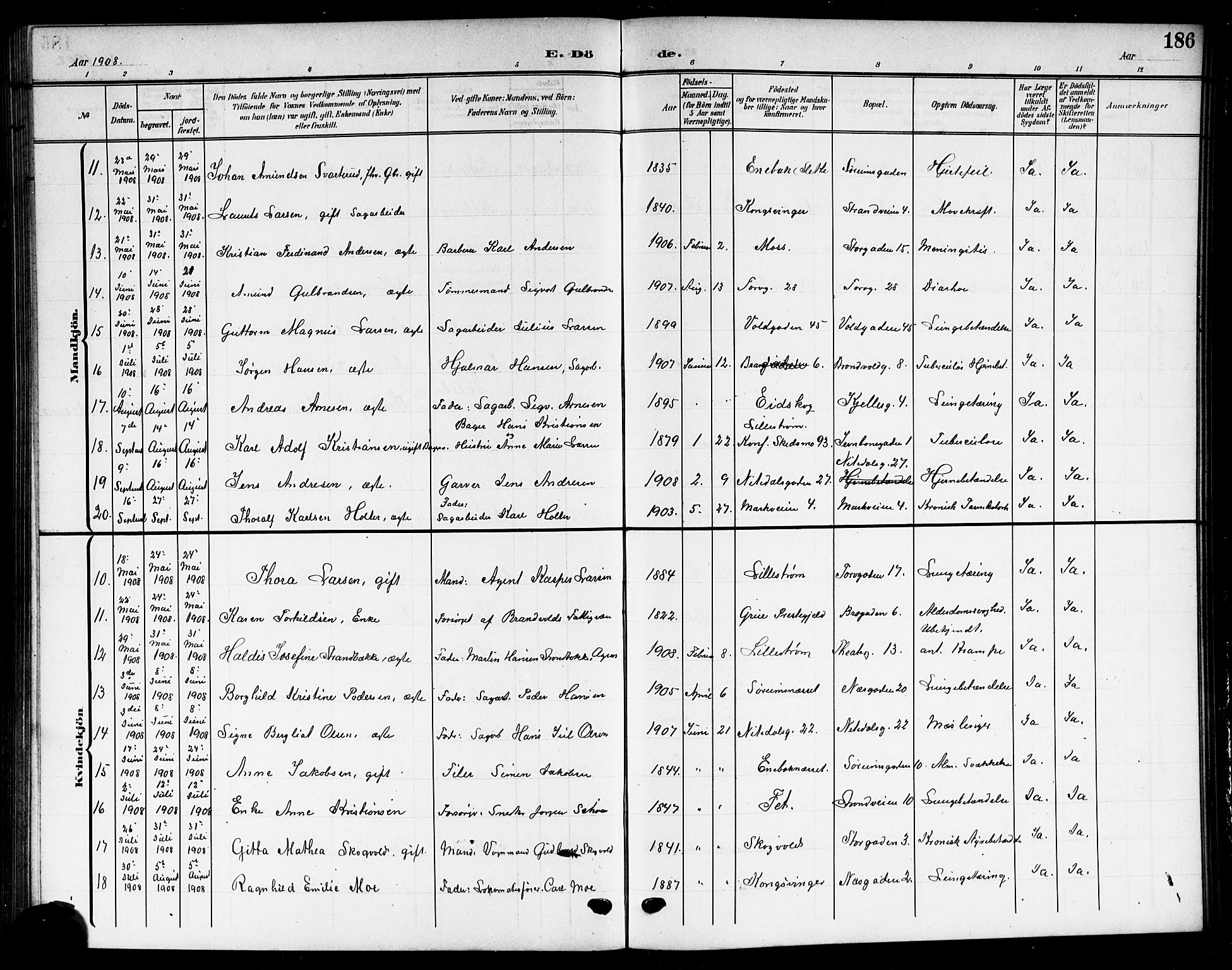 Skedsmo prestekontor Kirkebøker, SAO/A-10033a/G/Gc/L0001: Parish register (copy) no. III 1, 1908-1916, p. 186