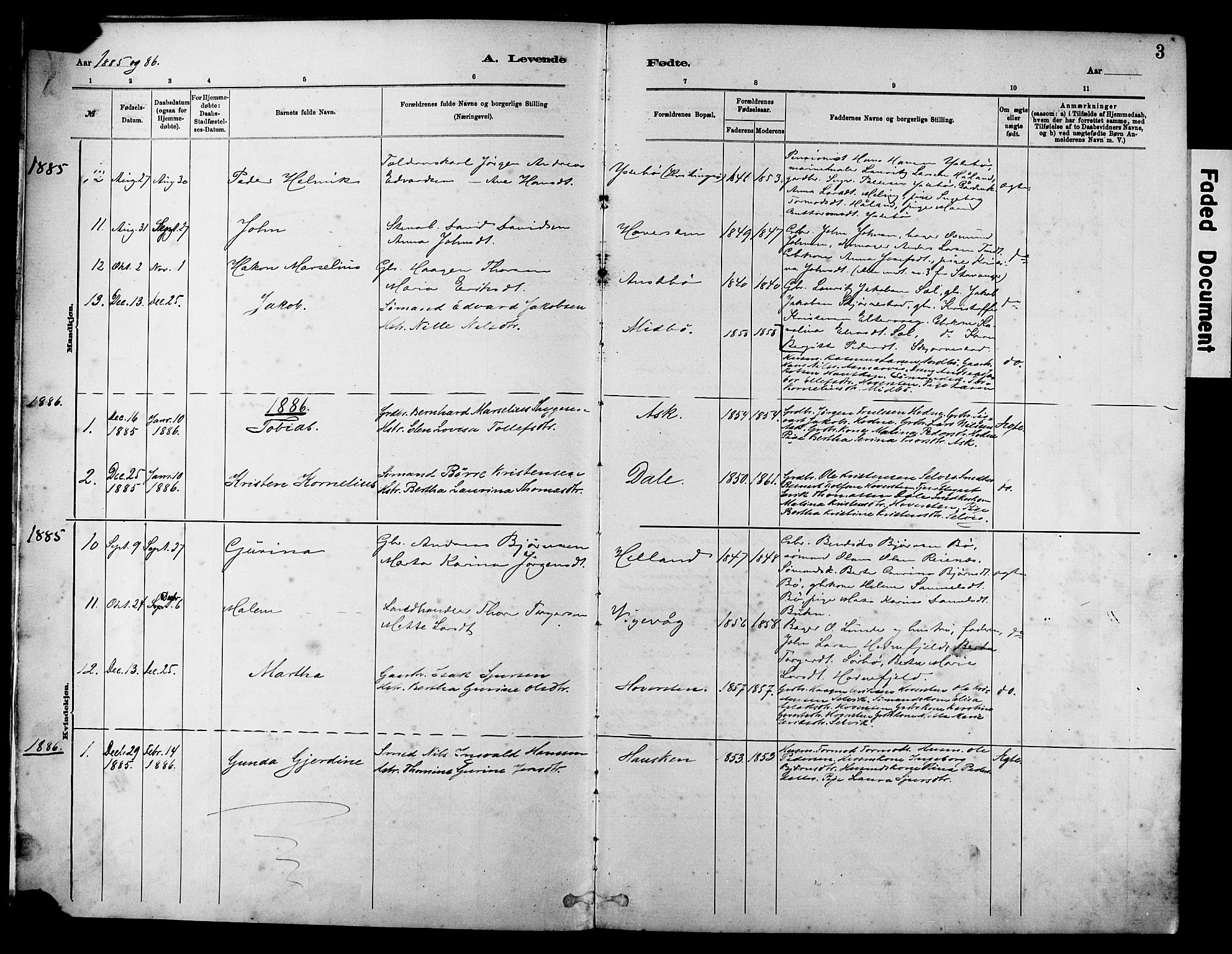Rennesøy sokneprestkontor, SAST/A -101827/H/Ha/Haa/L0012: Parish register (official) no. A 13, 1885-1917, p. 3