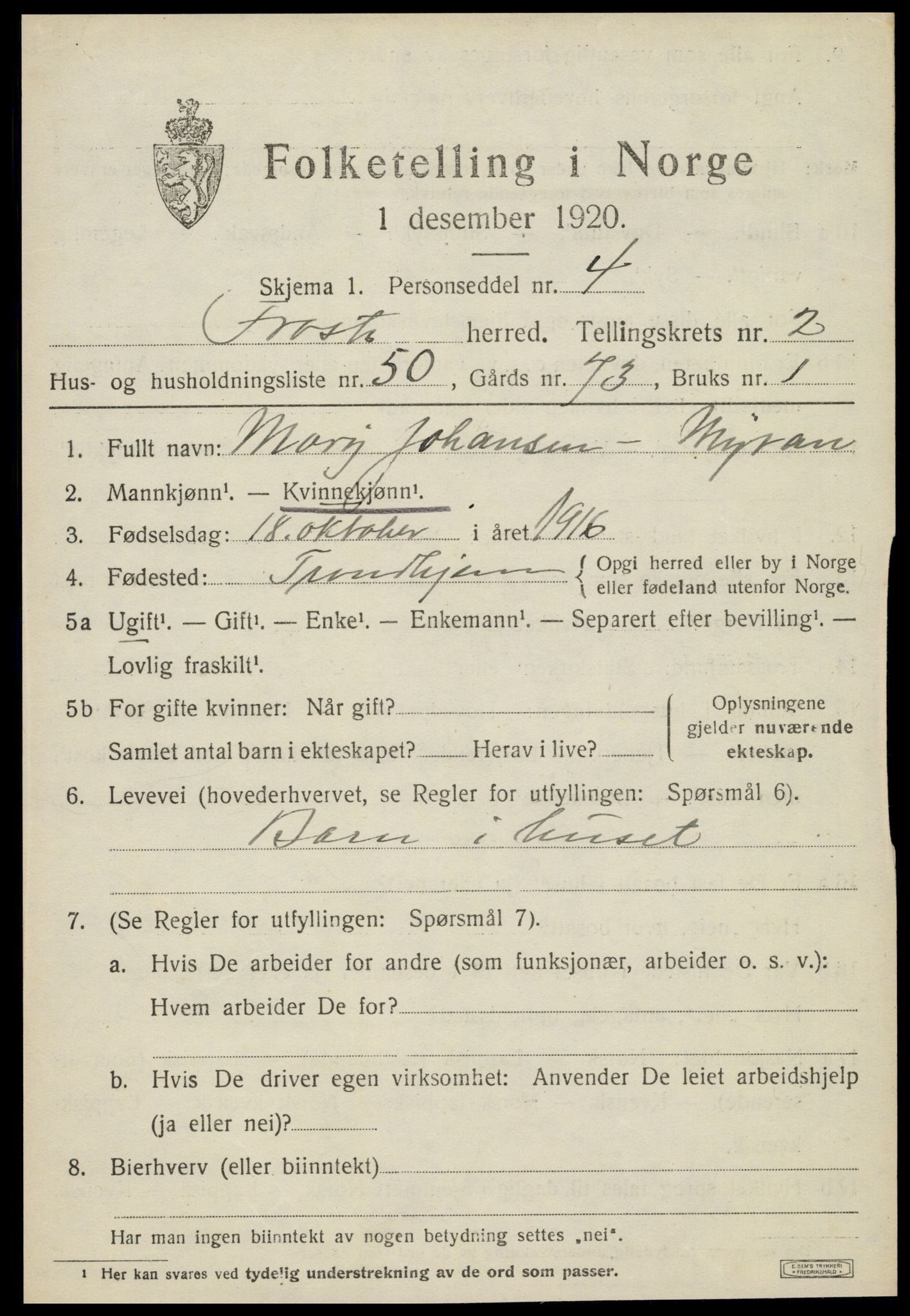 SAT, 1920 census for Frosta, 1920, p. 2908