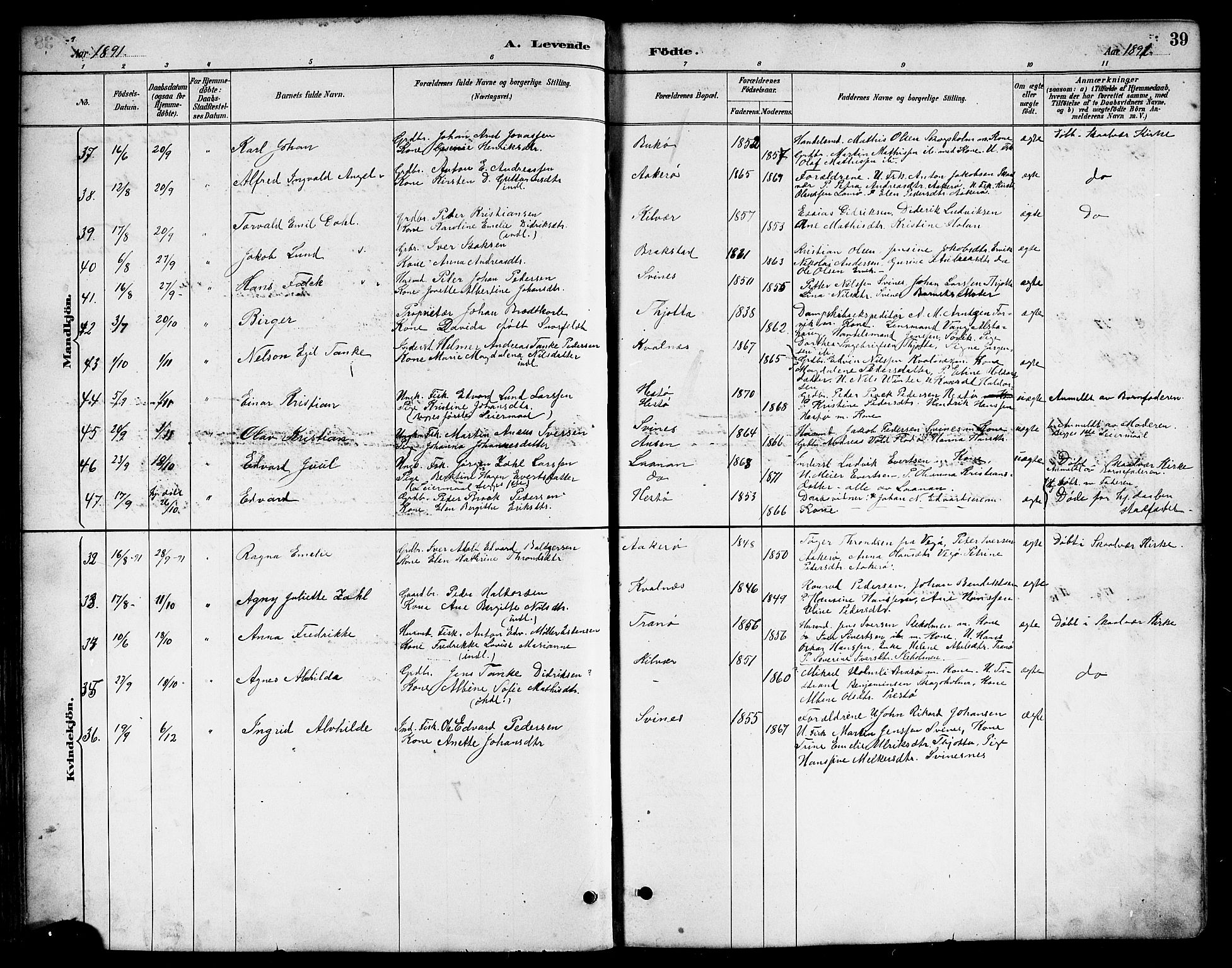 Ministerialprotokoller, klokkerbøker og fødselsregistre - Nordland, AV/SAT-A-1459/817/L0268: Parish register (copy) no. 817C03, 1884-1920, p. 39