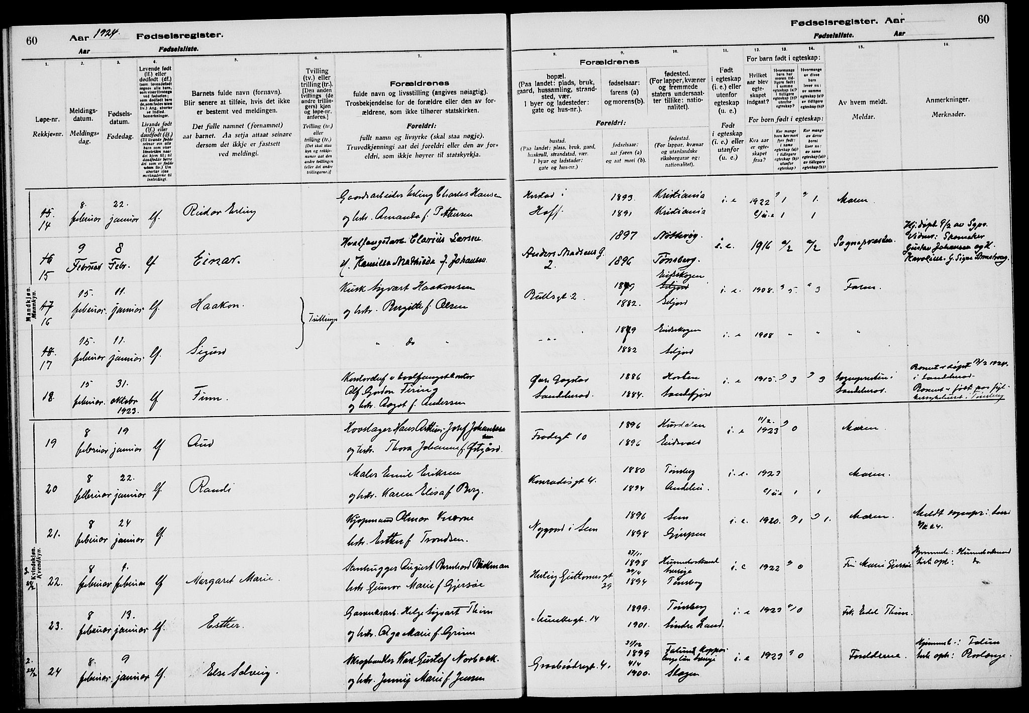 Tønsberg kirkebøker, AV/SAKO-A-330/J/Ja/L0002: Birth register no. 2, 1922-1928, p. 60