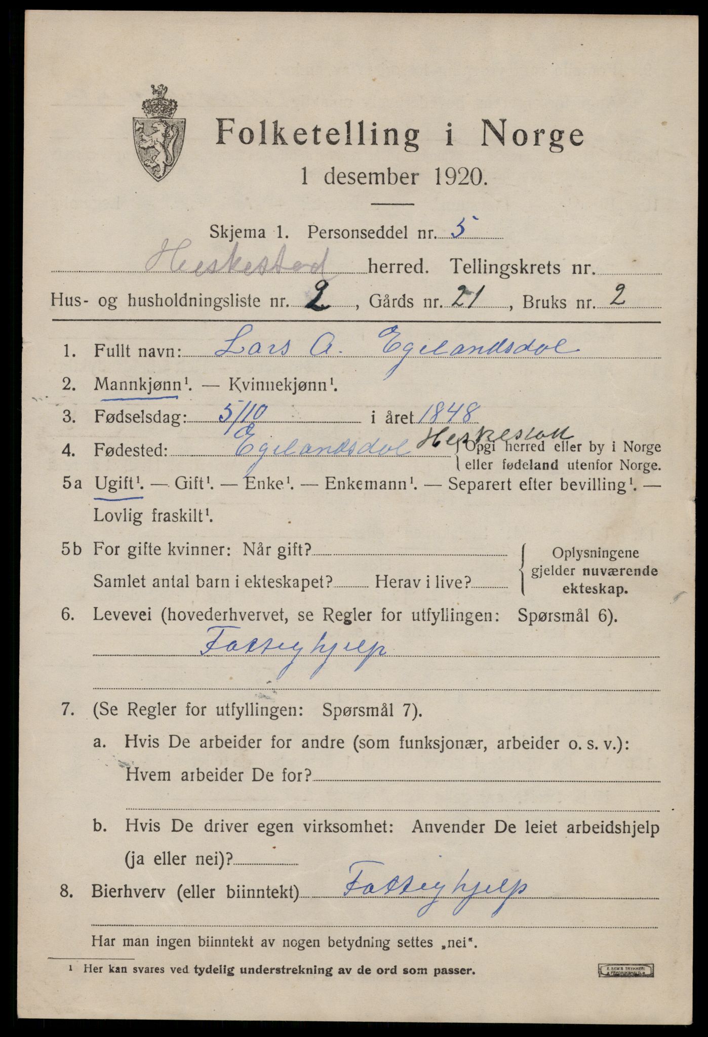 SAST, 1920 census for Heskestad, 1920, p. 2019