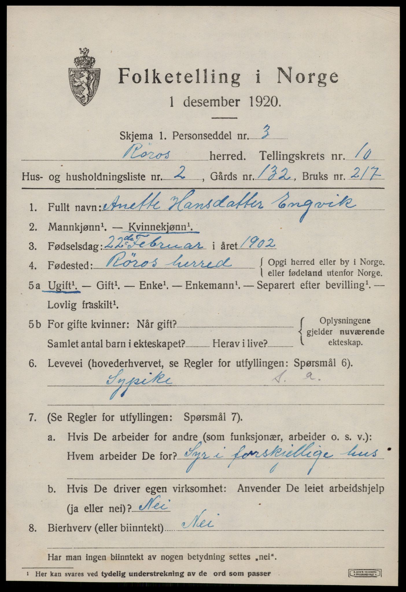 SAT, 1920 census for Røros, 1920, p. 8186