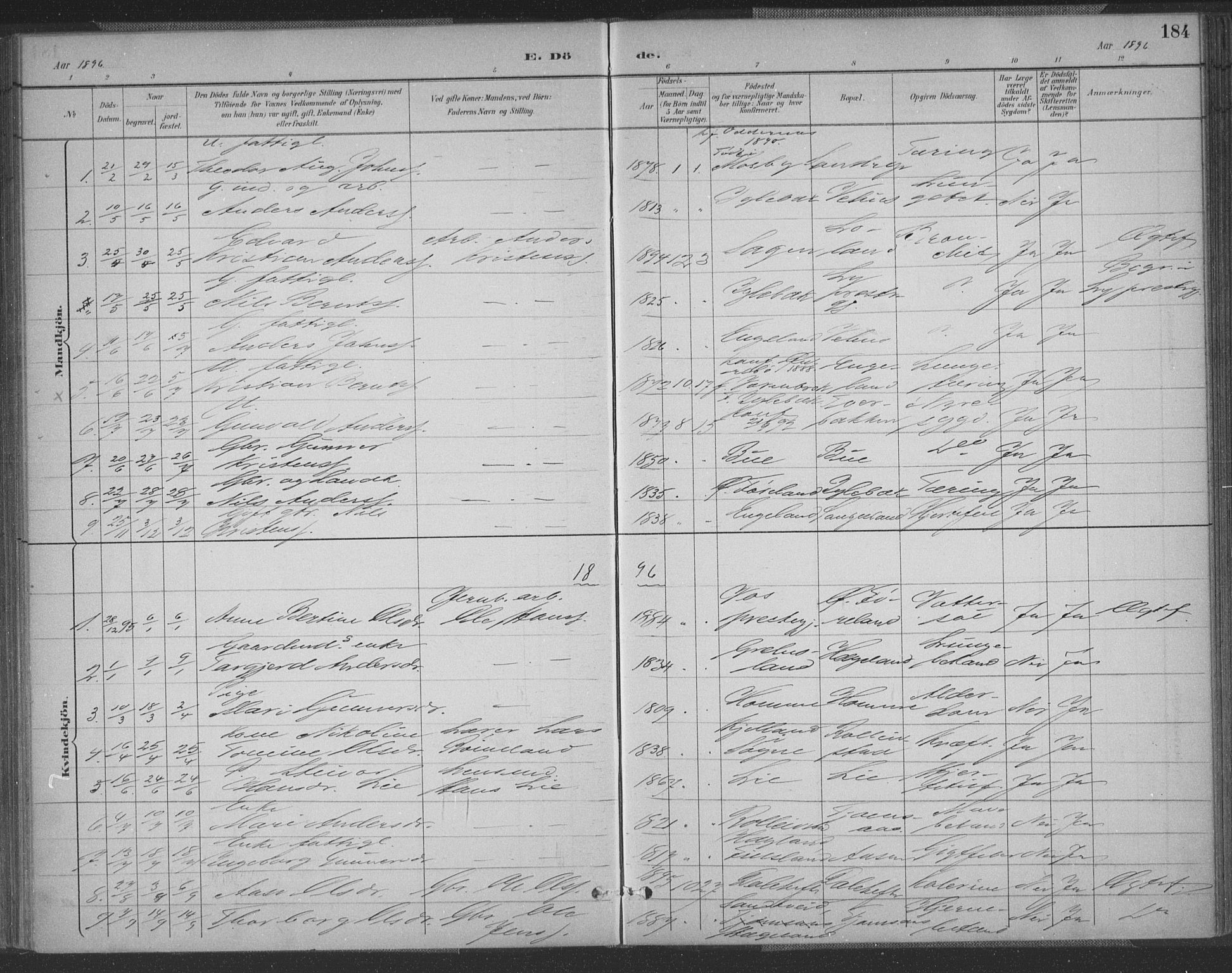 Vennesla sokneprestkontor, SAK/1111-0045/Fa/Fac/L0009: Parish register (official) no. A 9, 1884-1901, p. 184