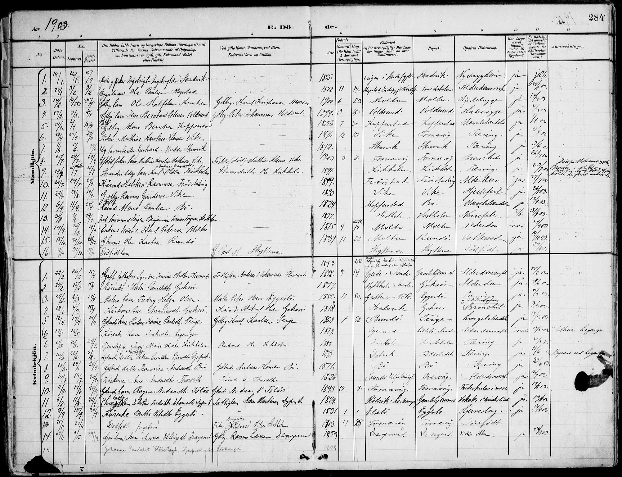 Ministerialprotokoller, klokkerbøker og fødselsregistre - Møre og Romsdal, SAT/A-1454/507/L0075: Parish register (official) no. 507A10, 1901-1920, p. 284
