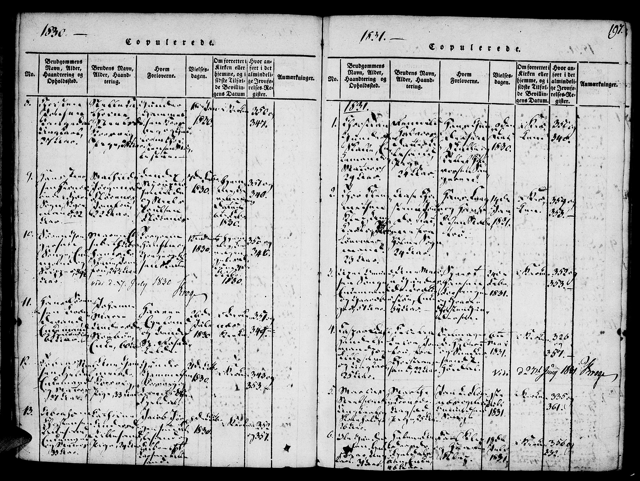 Vestre Moland sokneprestkontor, SAK/1111-0046/F/Fa/Fab/L0003: Parish register (official) no. A 3, 1816-1843, p. 197