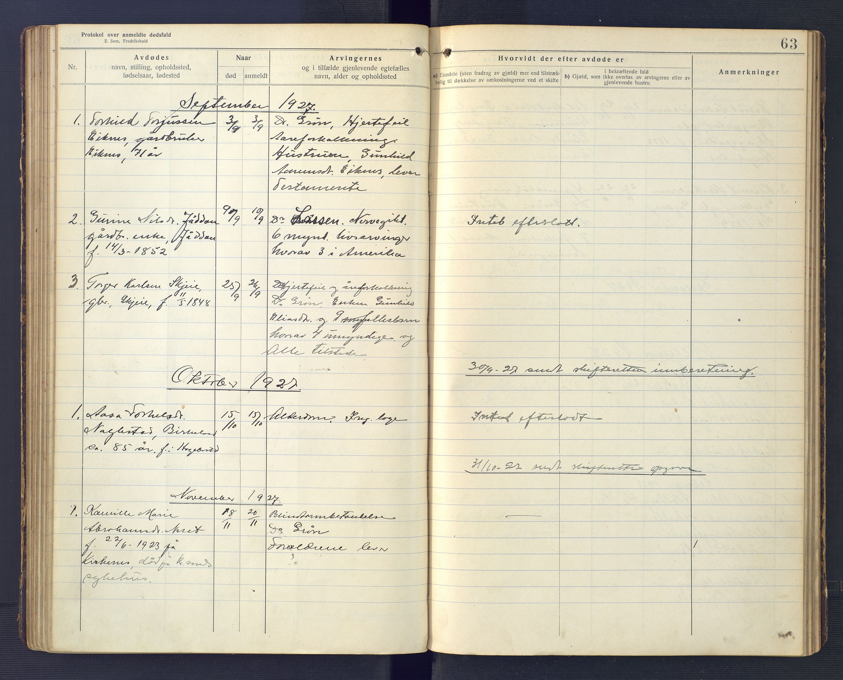 Hægebostad og Eiken lensmannskontor, AV/SAK-1241-0023/F/Fe/L0002: Dødsfallsprotokoll nr 34, 1917-1932, p. 63