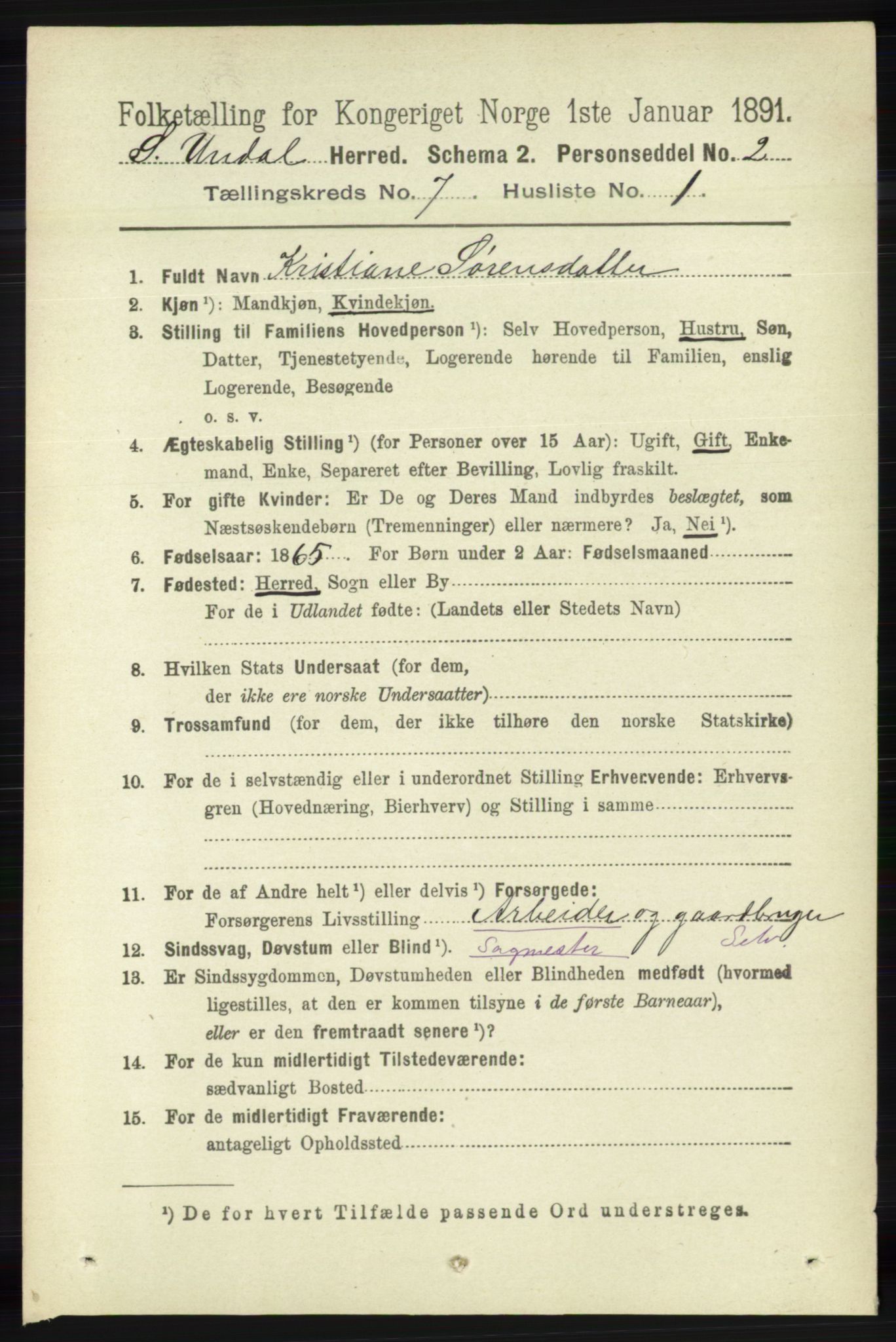 RA, 1891 census for 1029 Sør-Audnedal, 1891, p. 2623