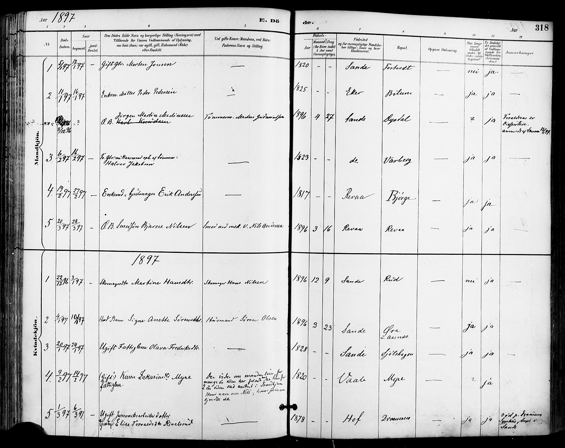 Sande Kirkebøker, SAKO/A-53/F/Fa/L0007: Parish register (official) no. 7, 1888-1903, p. 318
