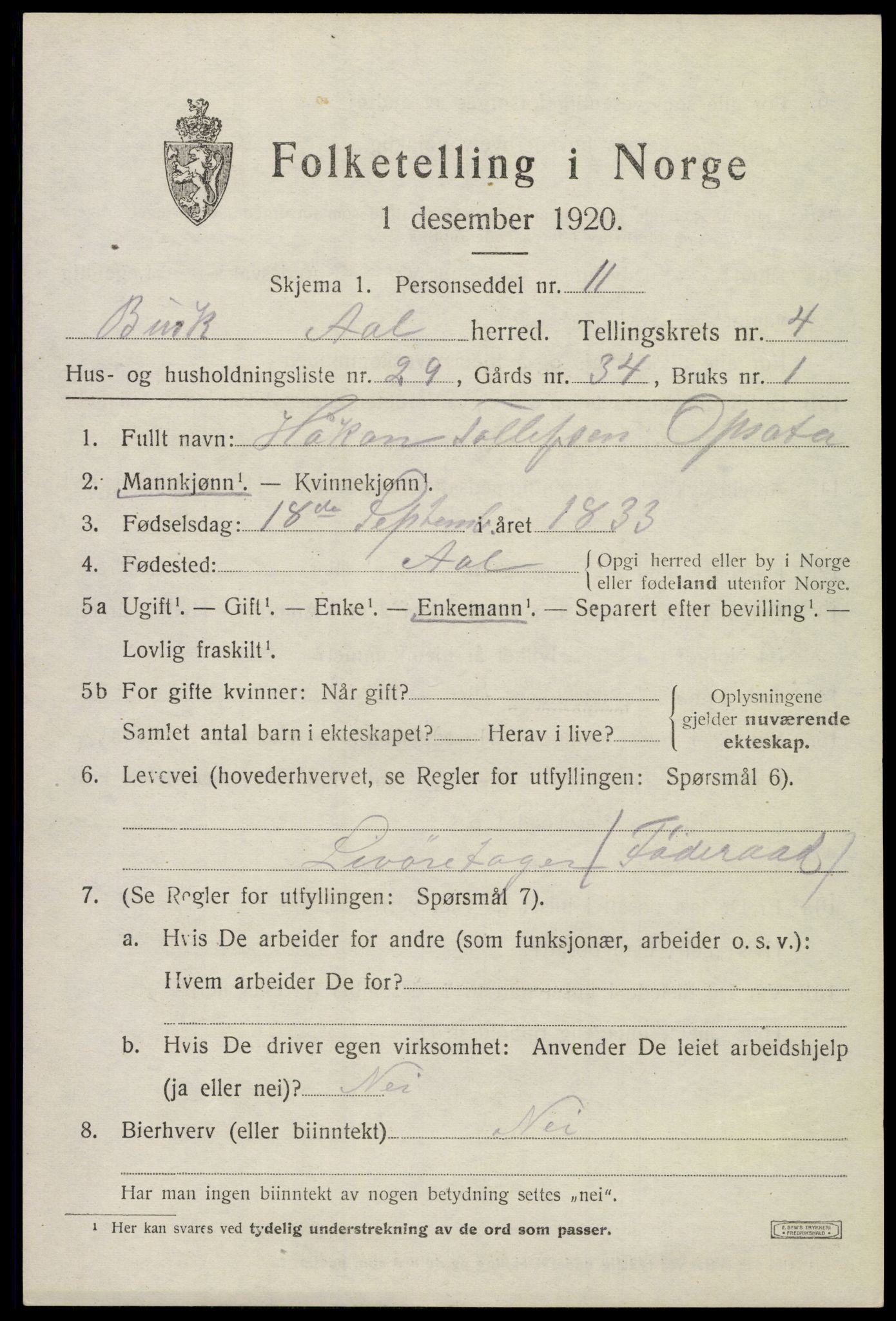 SAKO, 1920 census for Ål, 1920, p. 3318