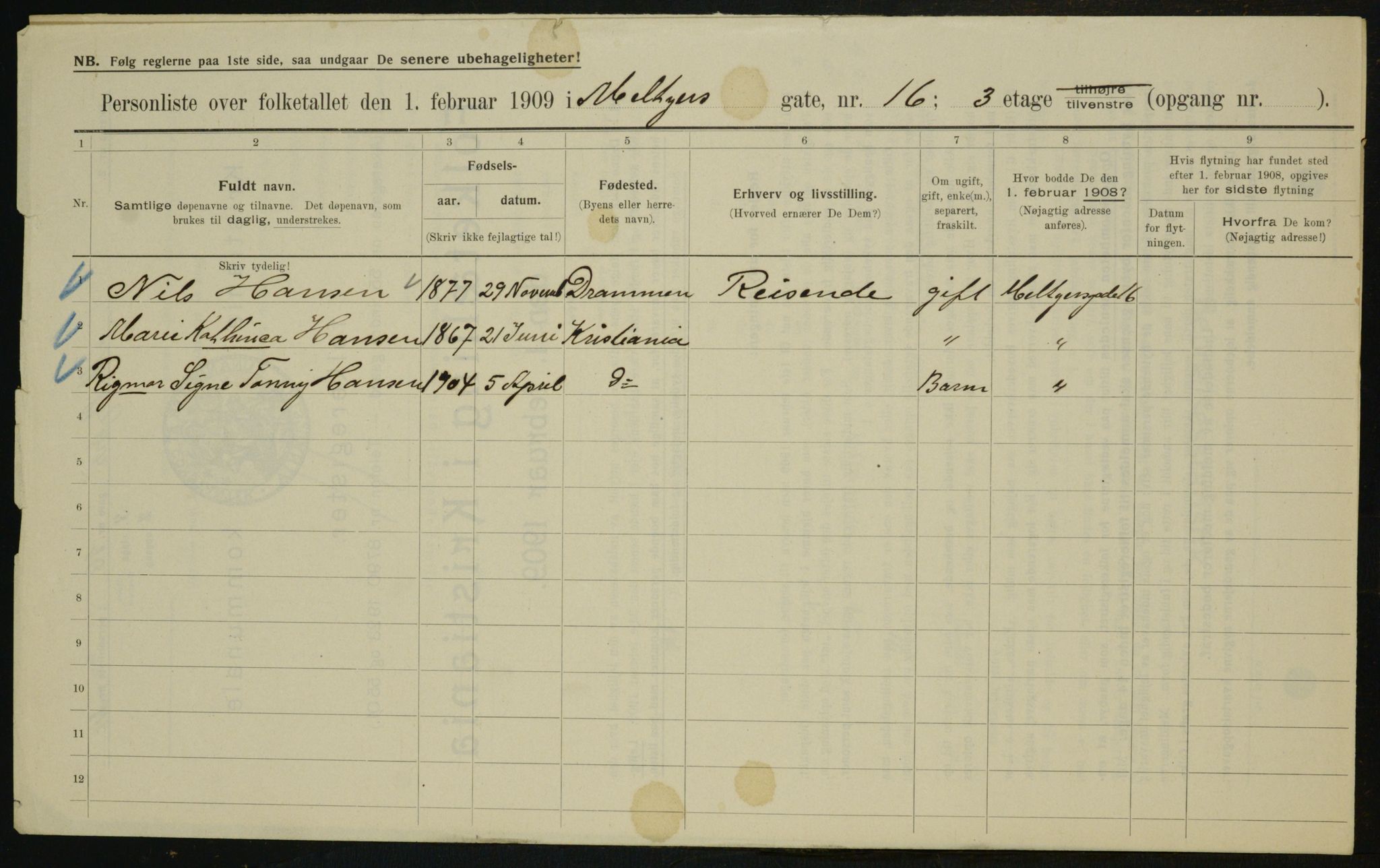 OBA, Municipal Census 1909 for Kristiania, 1909, p. 59219