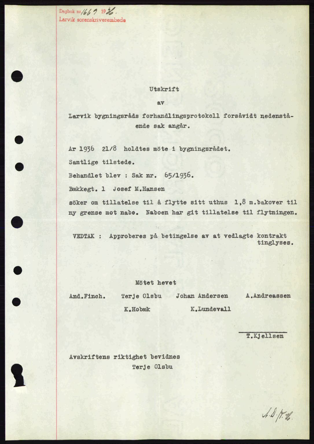 Larvik sorenskriveri, SAKO/A-83/G/Ga/Gab/L0067: Mortgage book no. A-1, 1936-1937, Diary no: : 1669/1936