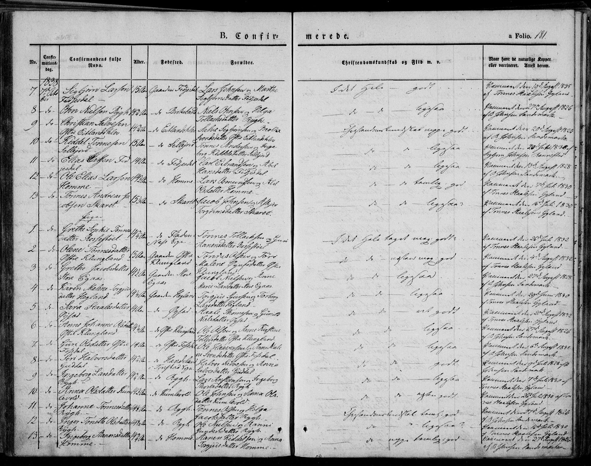 Bakke sokneprestkontor, SAK/1111-0002/F/Fa/Faa/L0004: Parish register (official) no. A 4, 1834-1846, p. 181