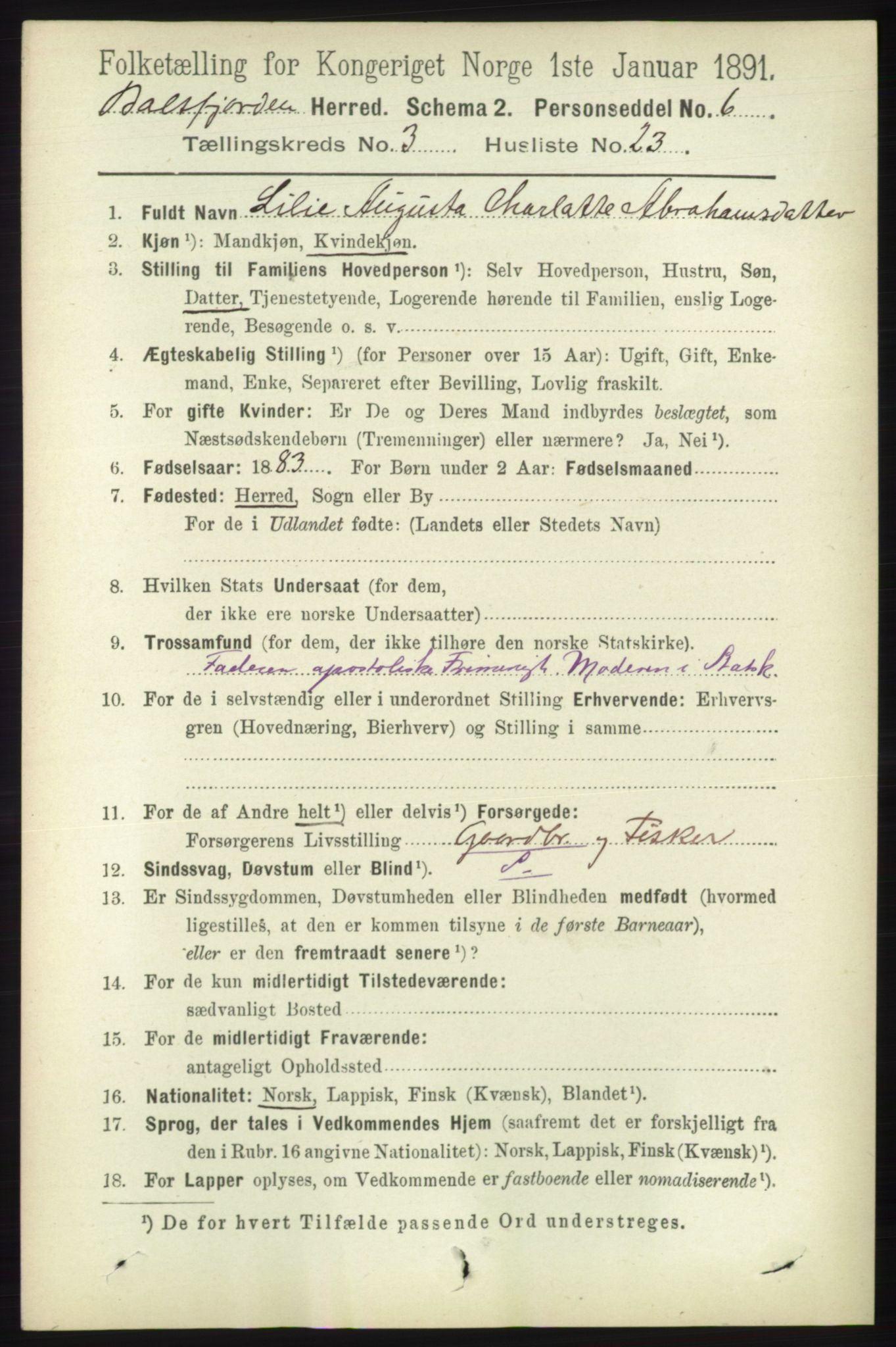 RA, 1891 census for 1933 Balsfjord, 1891, p. 1041