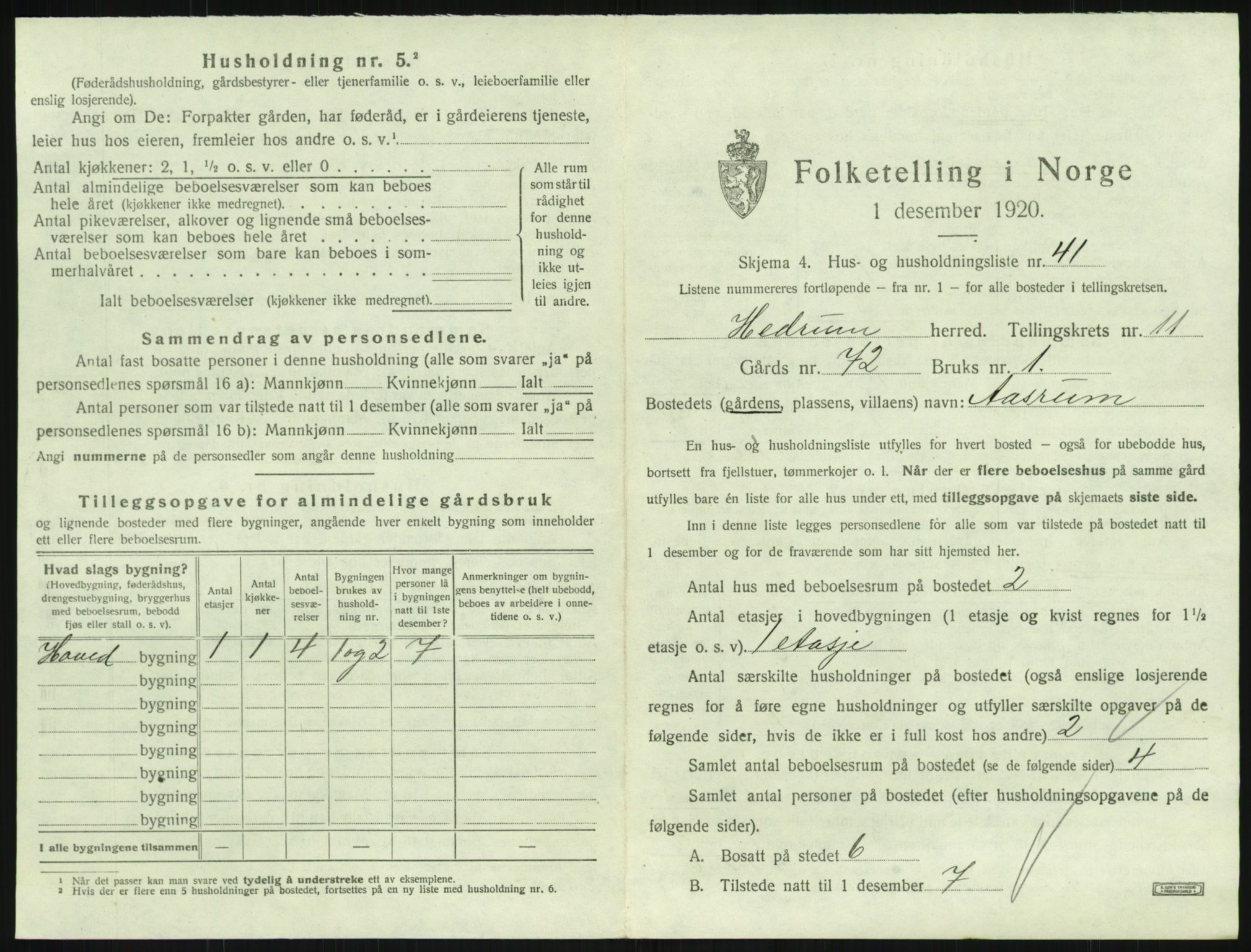 SAKO, 1920 census for Hedrum, 1920, p. 1071