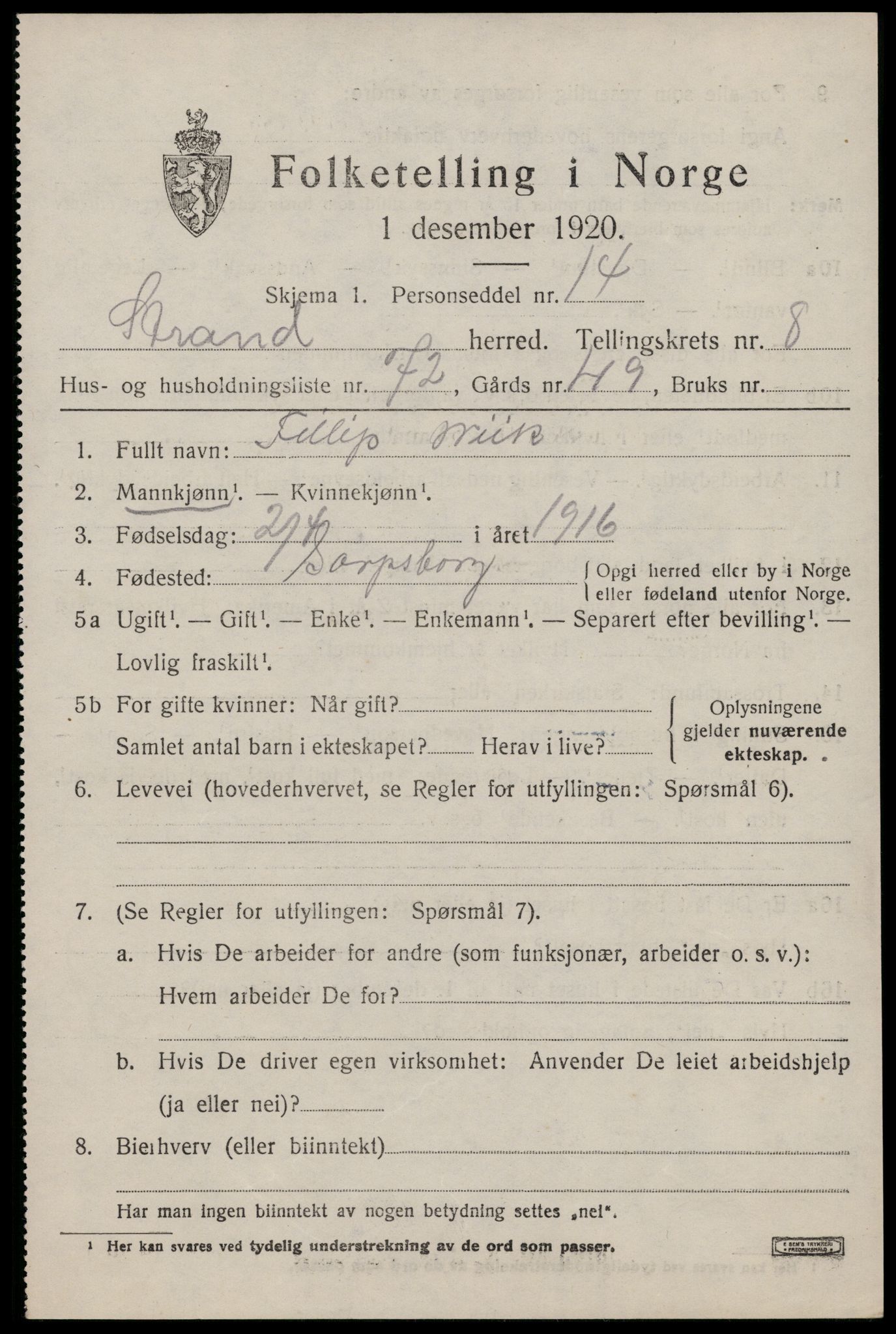 SAST, 1920 census for Strand, 1920, p. 6237