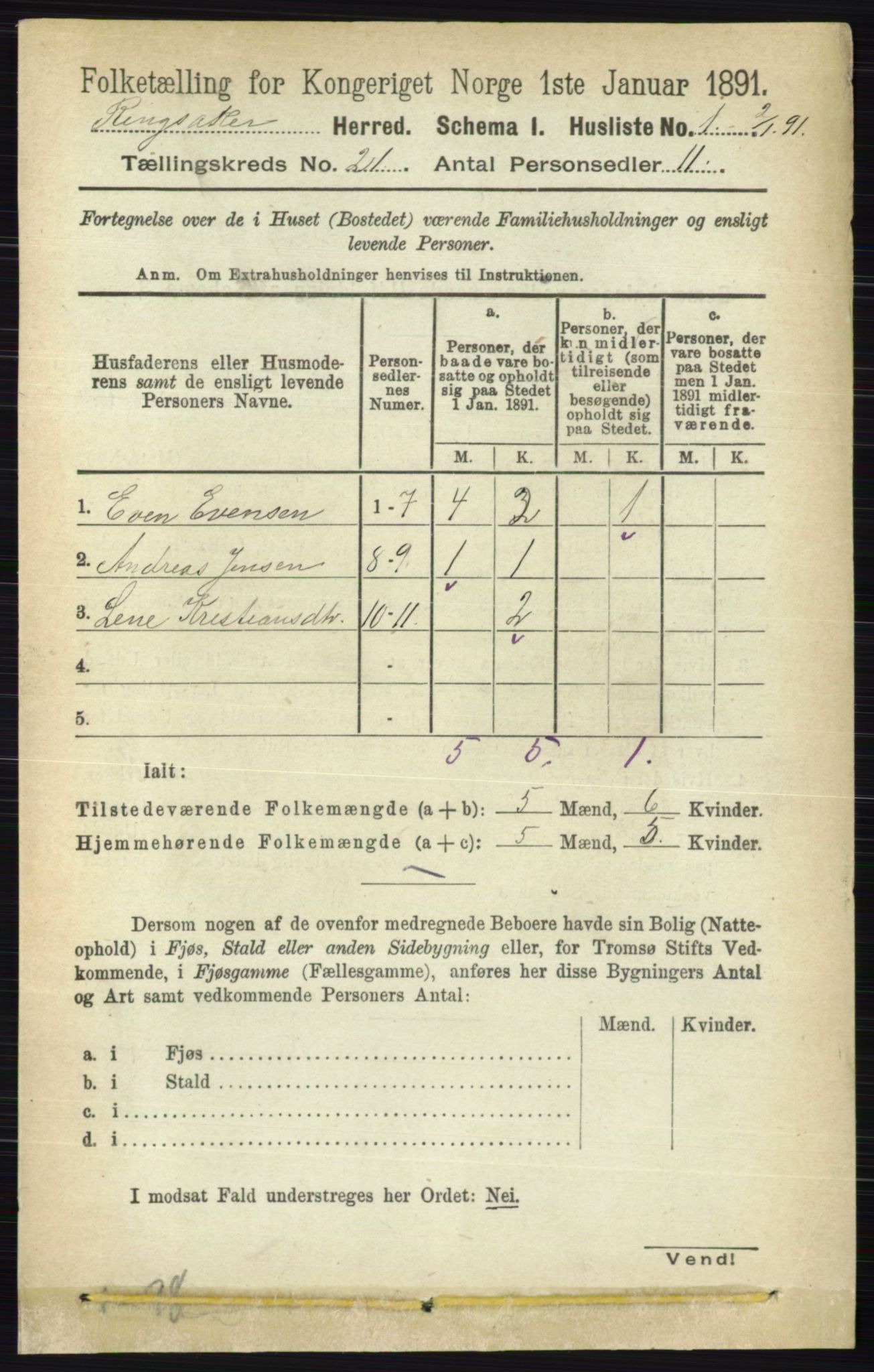 RA, 1891 census for 0412 Ringsaker, 1891, p. 11685