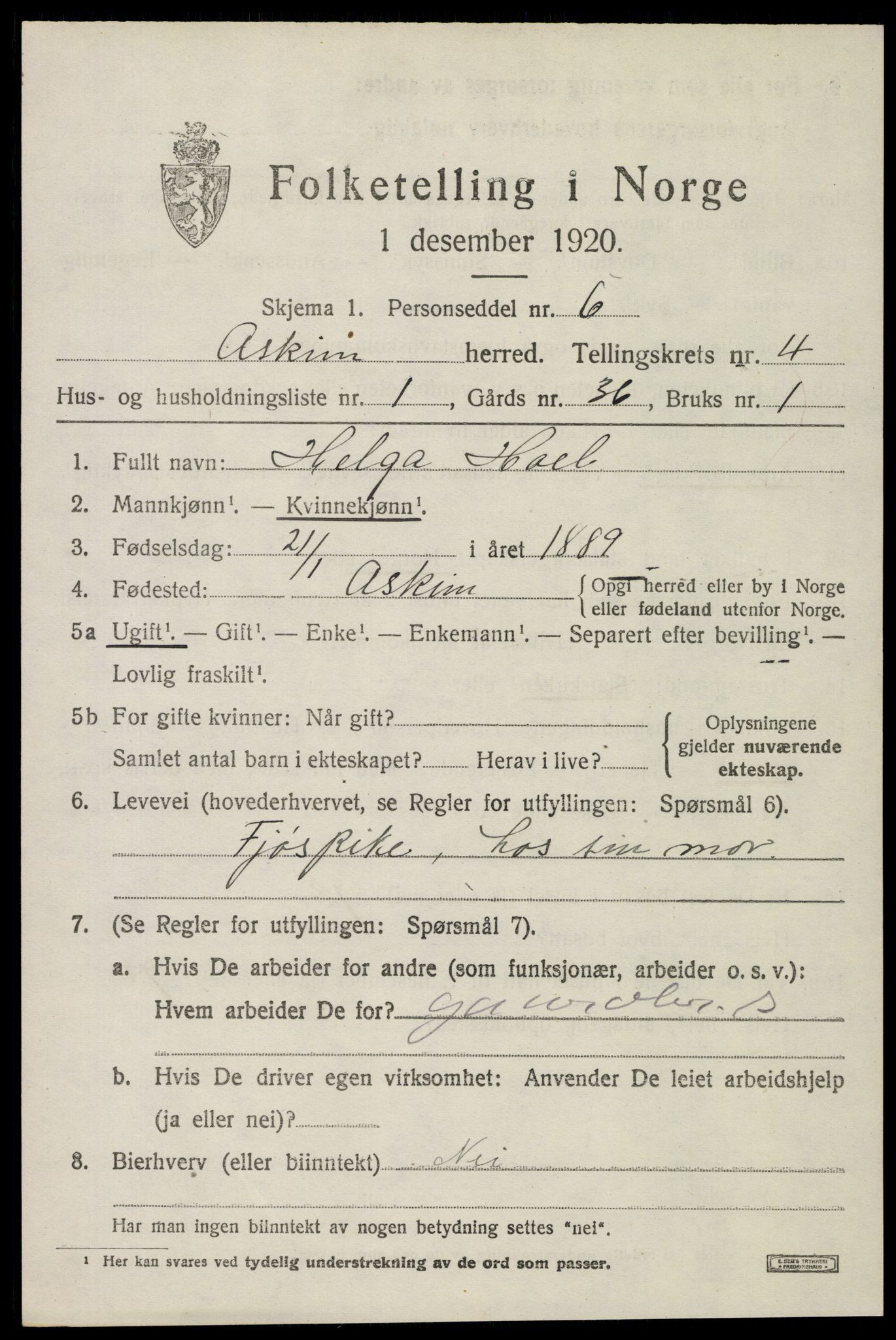 SAO, 1920 census for Askim, 1920, p. 7981