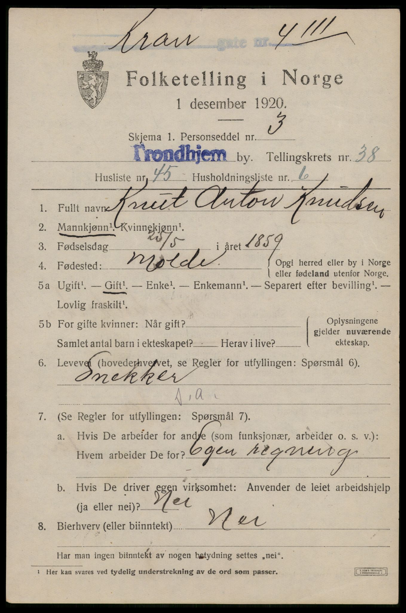 SAT, 1920 census for Trondheim, 1920, p. 87816