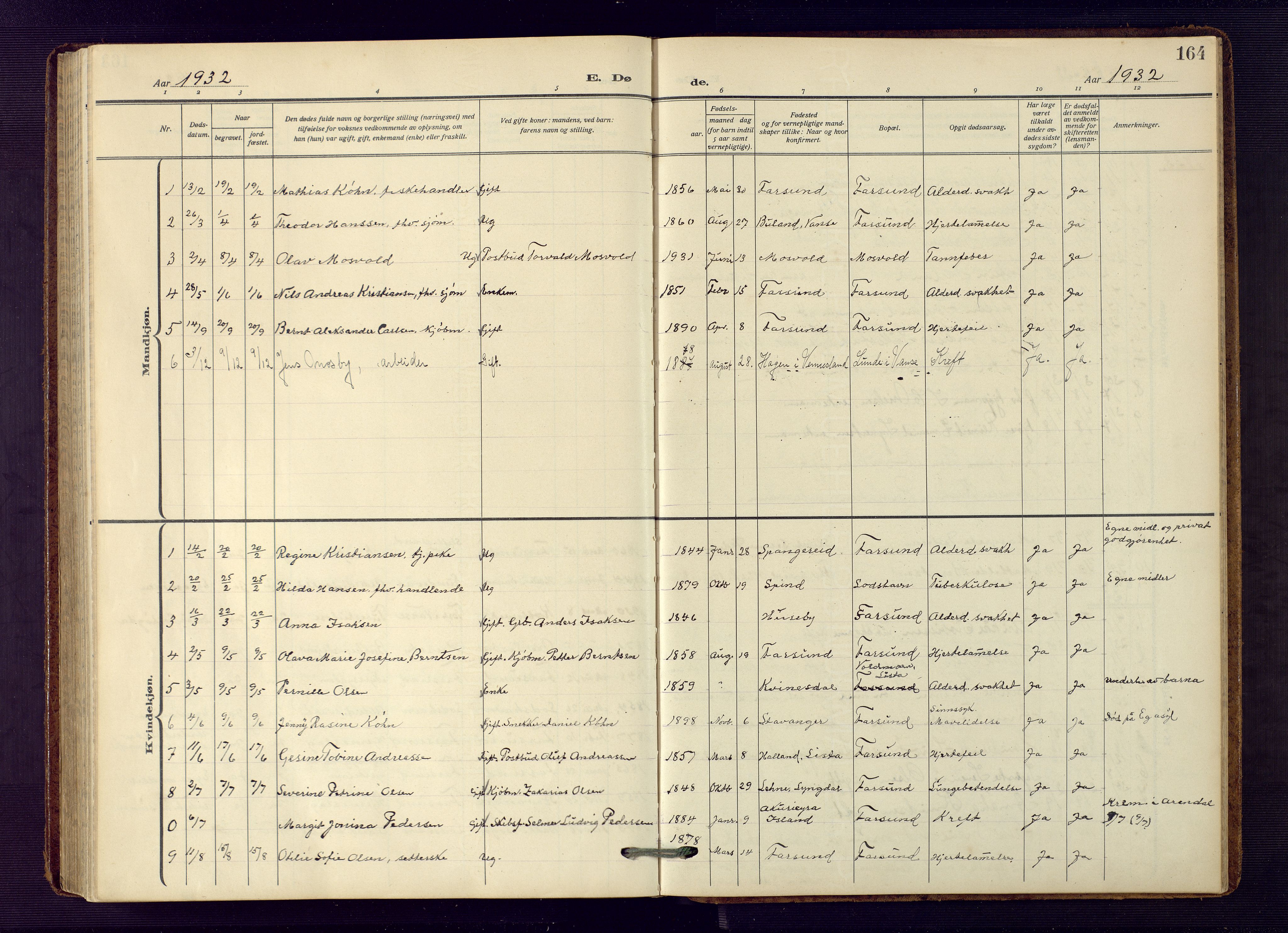 Farsund sokneprestkontor, AV/SAK-1111-0009/F/Fb/L0002: Parish register (copy) no. B 2, 1914-1958, p. 164