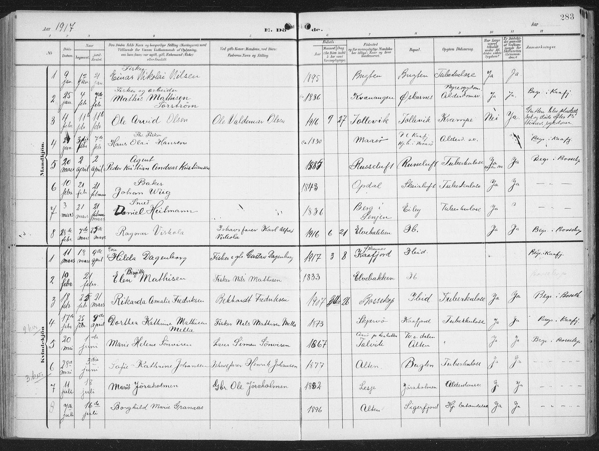 Alta sokneprestkontor, SATØ/S-1338/H/Ha/L0005.kirke: Parish register (official) no. 5, 1904-1918, p. 283