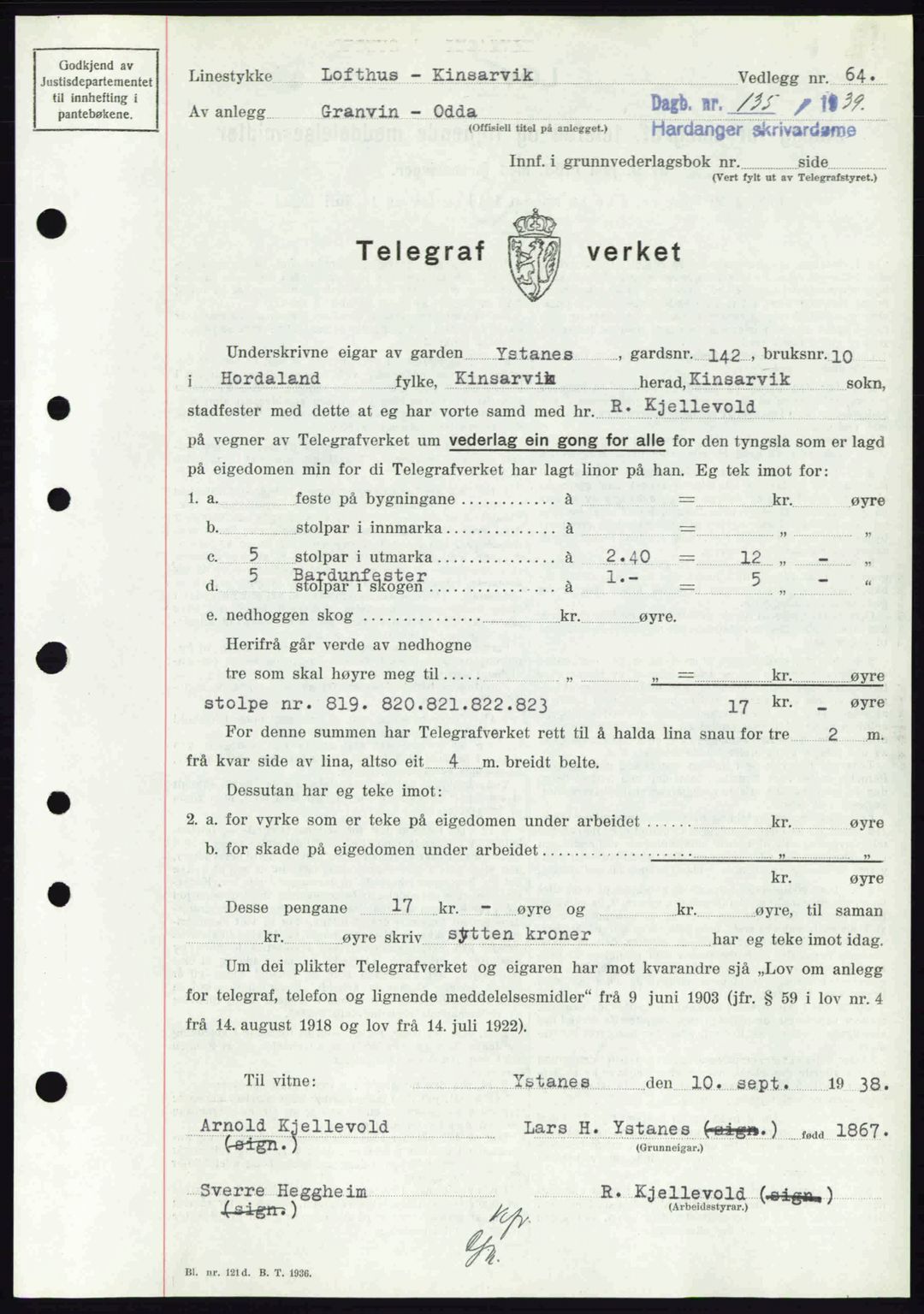 Hardanger sorenskriver, AV/SAB-A-2101/G/Ge/Gec/L0004: Mortgage book no. A4, 1938-1939, Diary no: : 135/1939