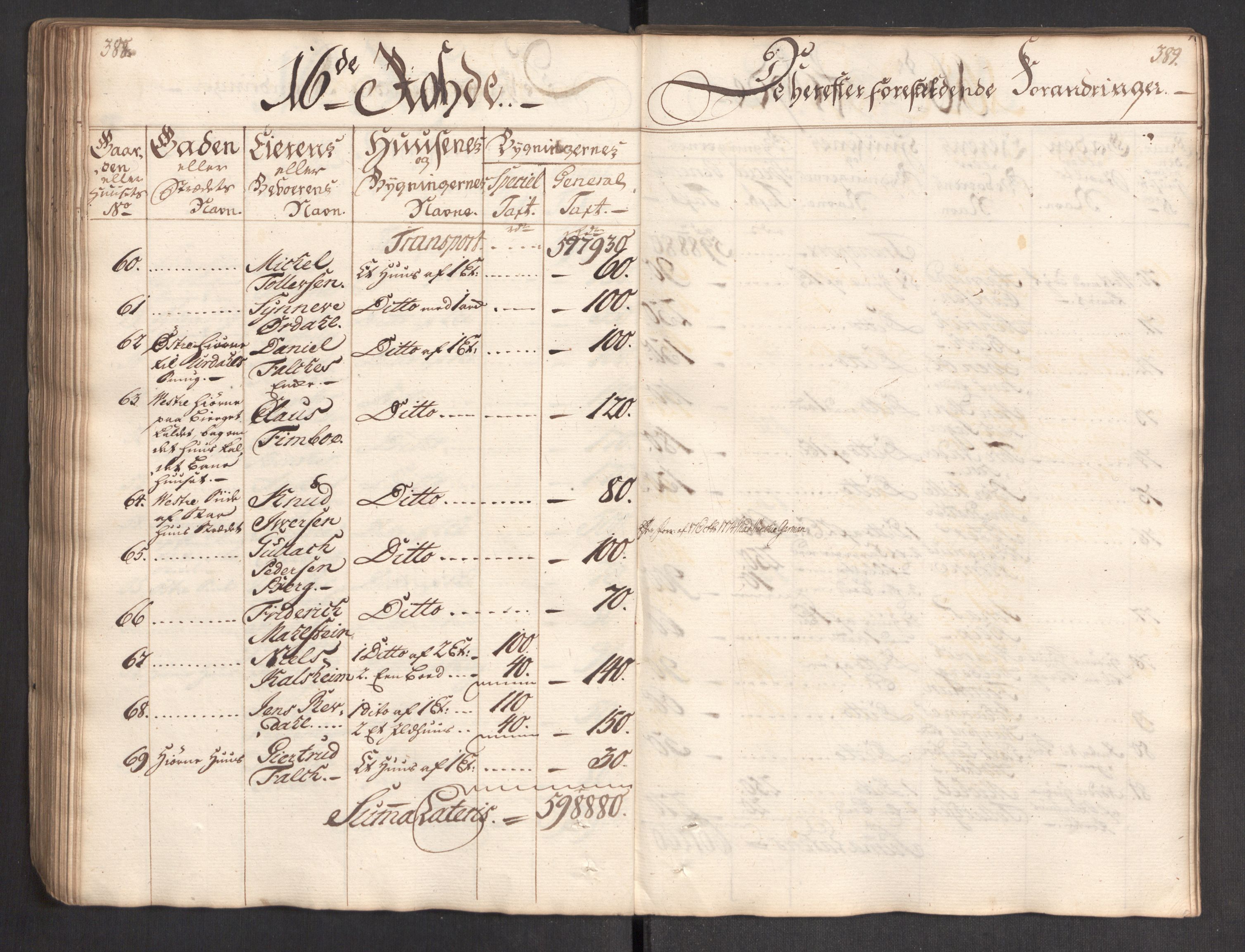 Kommersekollegiet, Brannforsikringskontoret 1767-1814, AV/RA-EA-5458/F/Fa/L0004/0002: Bergen / Branntakstprotokoll, 1767, p. 388-389