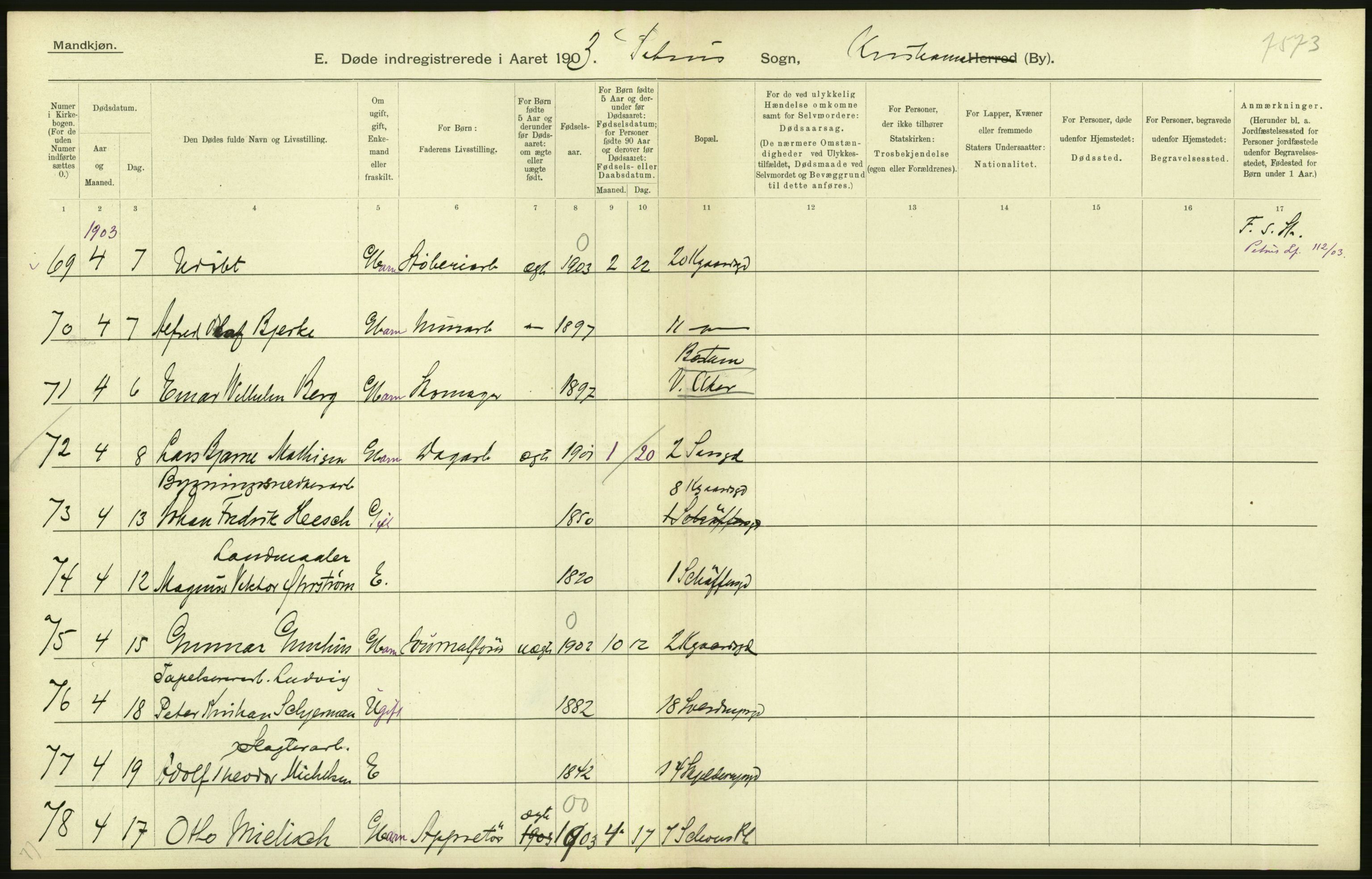 Statistisk sentralbyrå, Sosiodemografiske emner, Befolkning, AV/RA-S-2228/D/Df/Dfa/Dfaa/L0004: Kristiania: Gifte, døde, 1903, p. 344