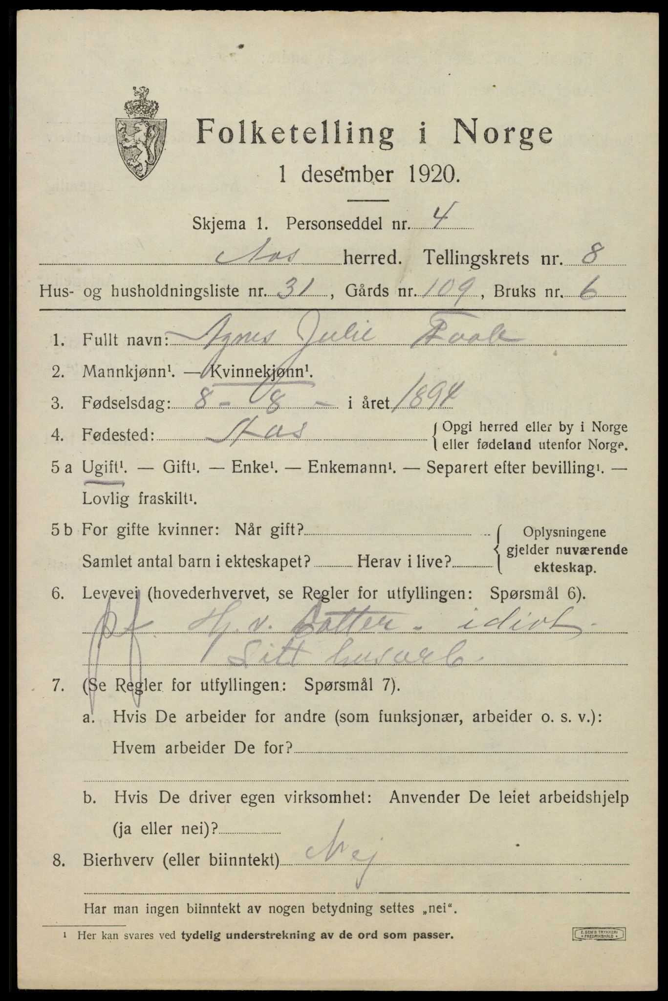 SAO, 1920 census for Ås, 1920, p. 8334