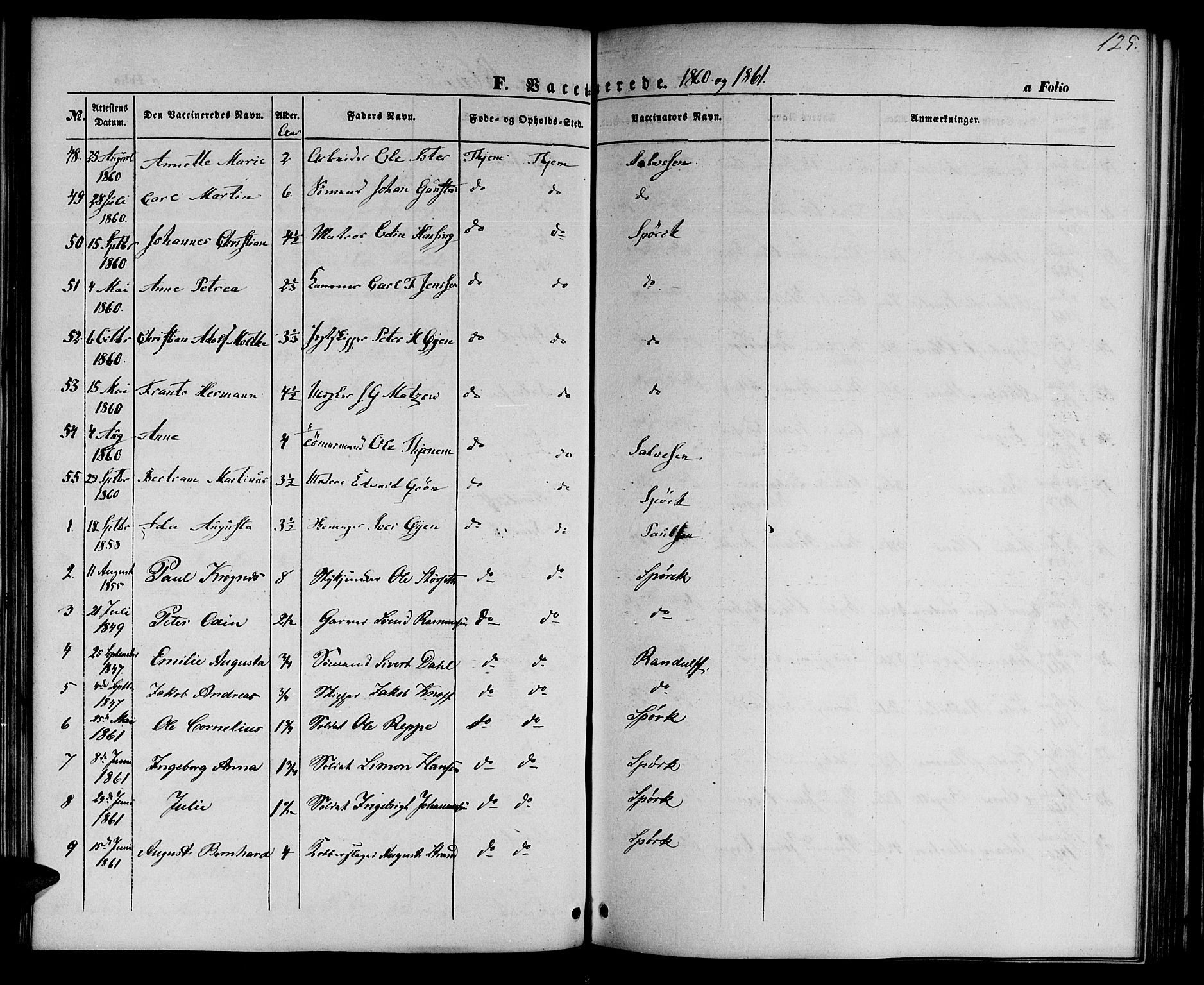 Ministerialprotokoller, klokkerbøker og fødselsregistre - Sør-Trøndelag, SAT/A-1456/602/L0113: Parish register (official) no. 602A11, 1849-1861, p. 125