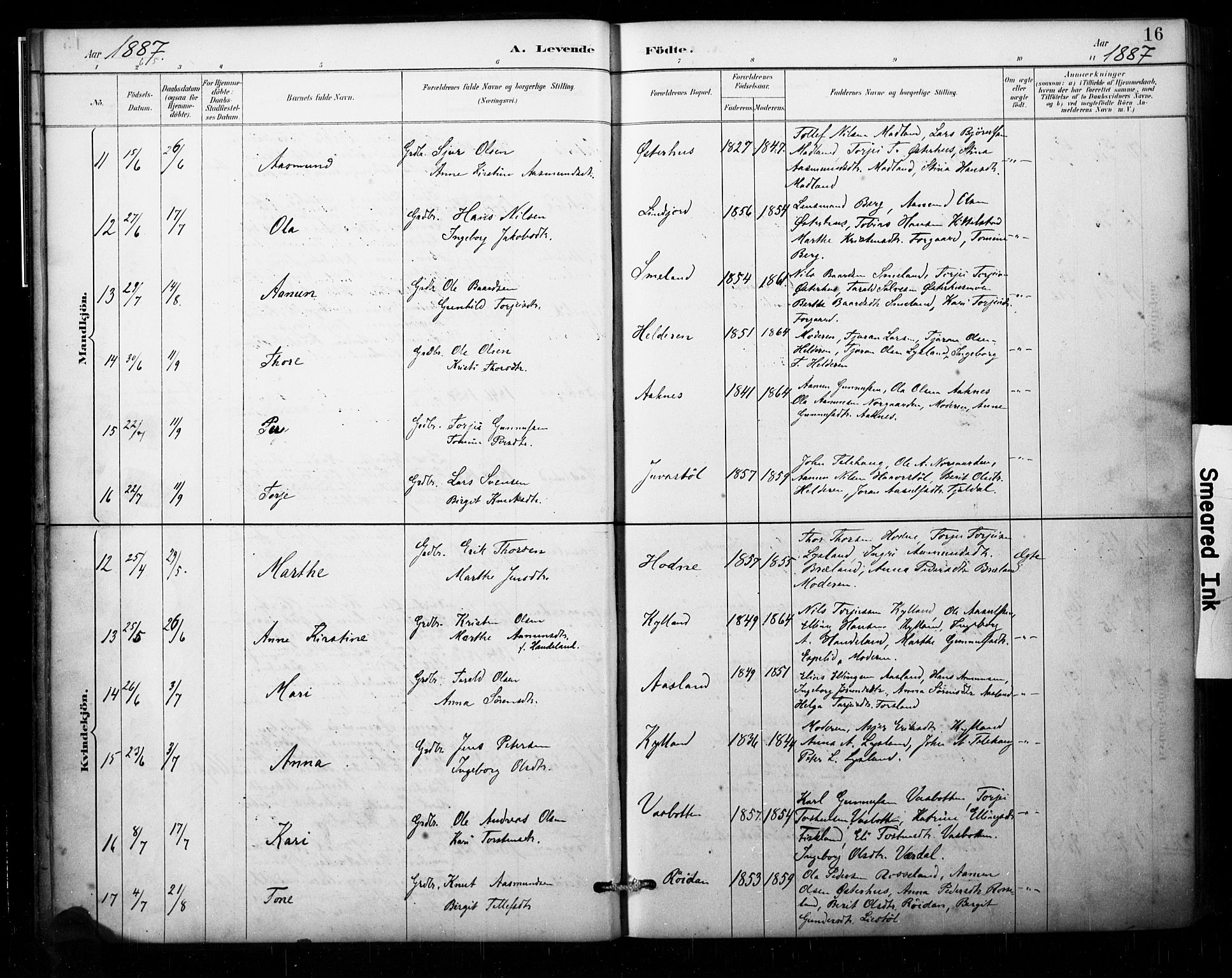 Åseral sokneprestkontor, AV/SAK-1111-0051/F/Fa/L0003: Parish register (official) no. A 3, 1884-1901, p. 16