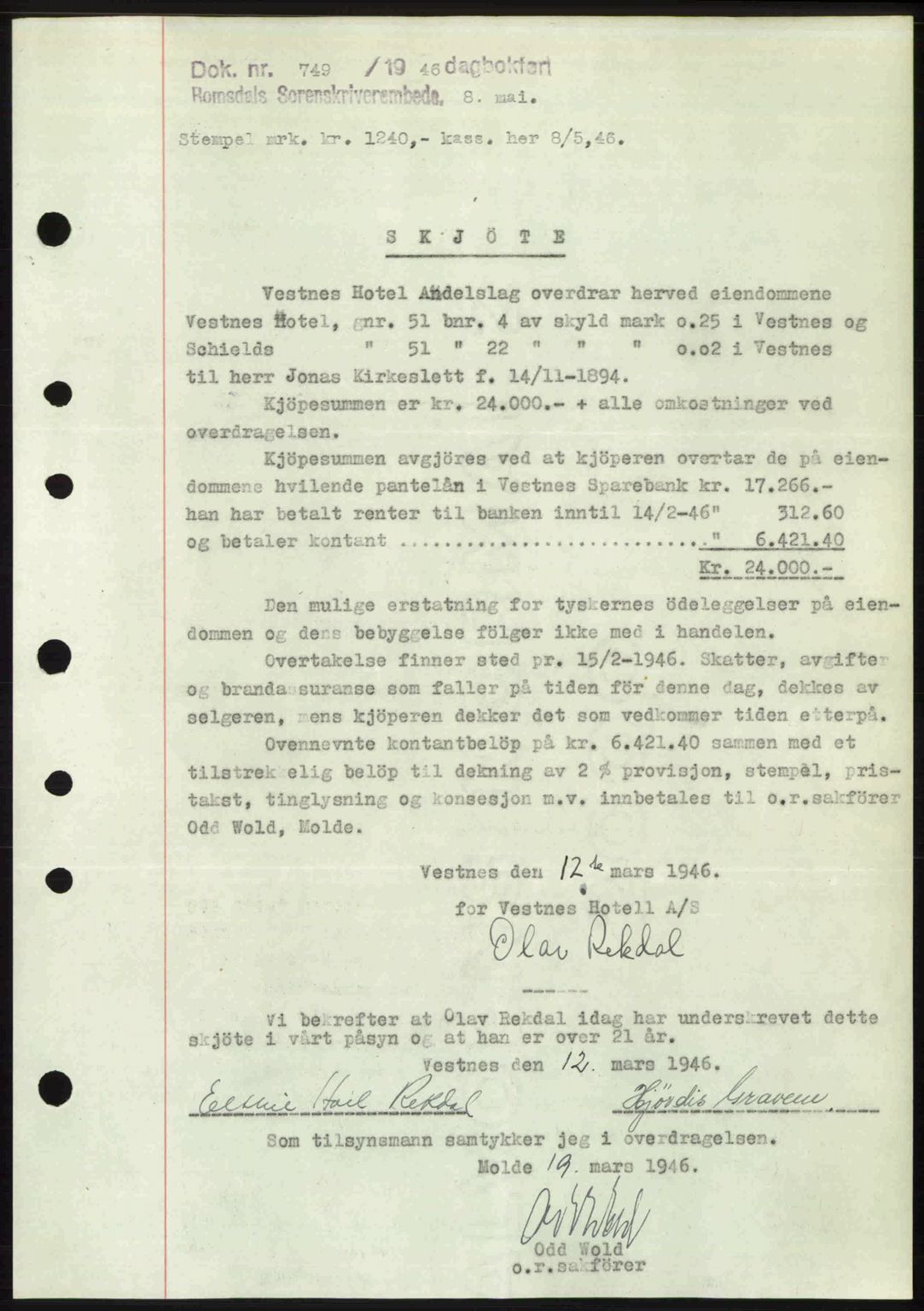 Romsdal sorenskriveri, SAT/A-4149/1/2/2C: Mortgage book no. A19, 1946-1946, Diary no: : 749/1946