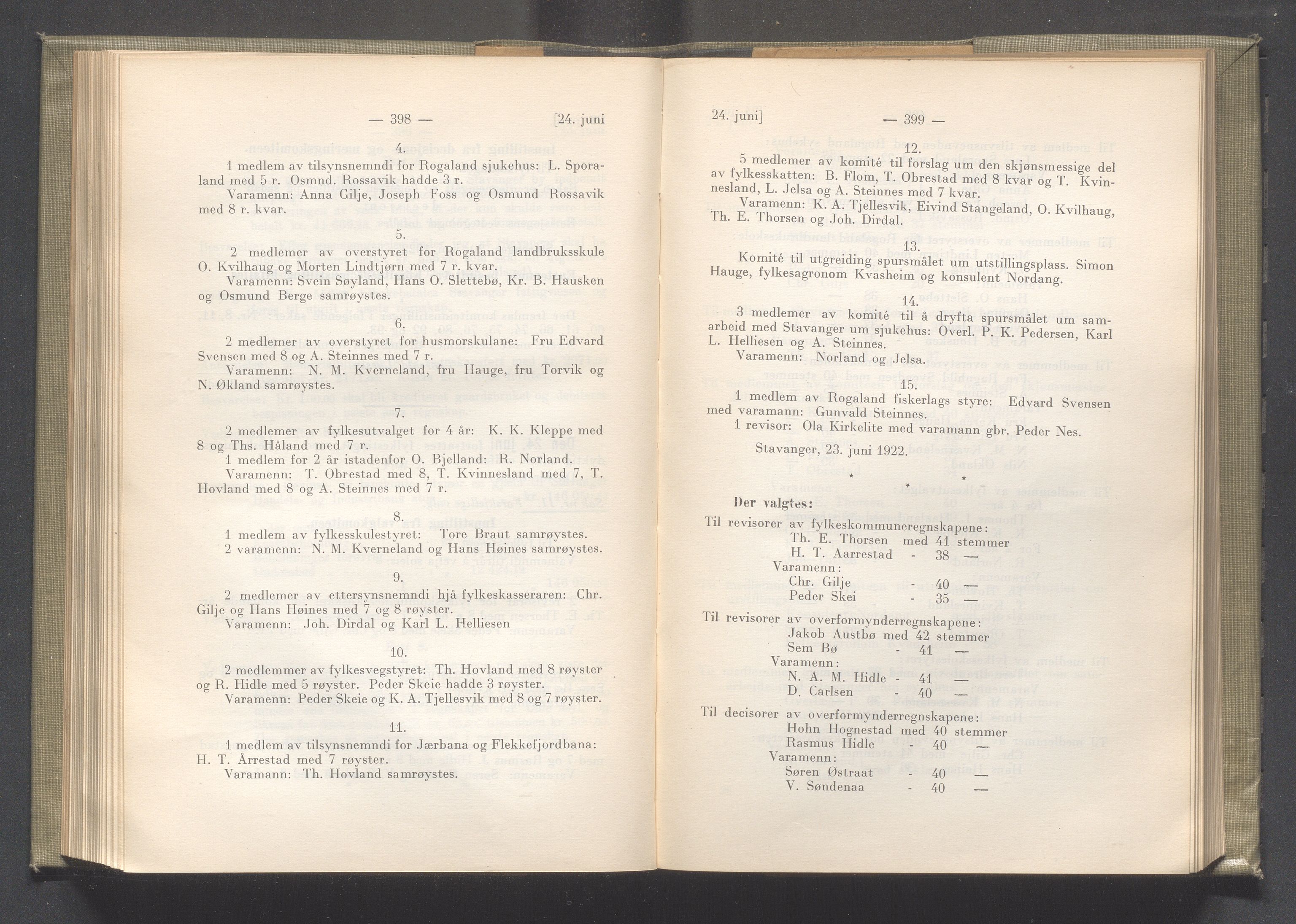 Rogaland fylkeskommune - Fylkesrådmannen , IKAR/A-900/A/Aa/Aaa/L0041: Møtebok , 1922, p. 398-399