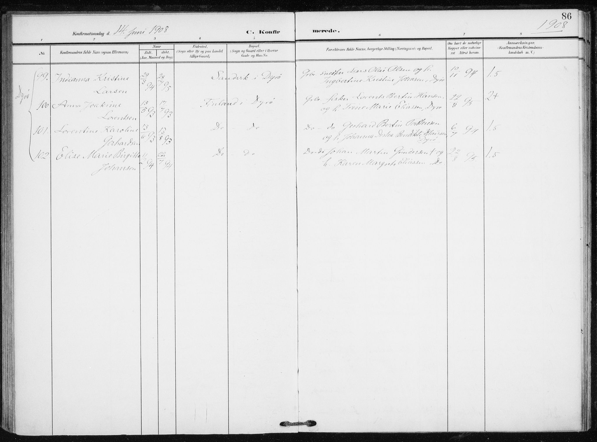 Tranøy sokneprestkontor, SATØ/S-1313/I/Ia/Iaa/L0012kirke: Parish register (official) no. 12, 1905-1918, p. 86