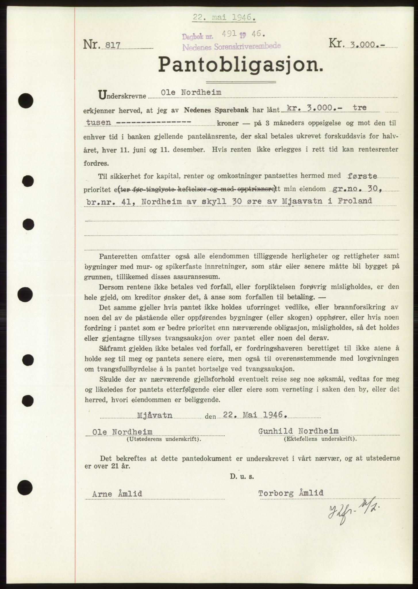 Nedenes sorenskriveri, SAK/1221-0006/G/Gb/Gbb/L0003: Mortgage book no. B3b, 1946-1946, Diary no: : 491/1946
