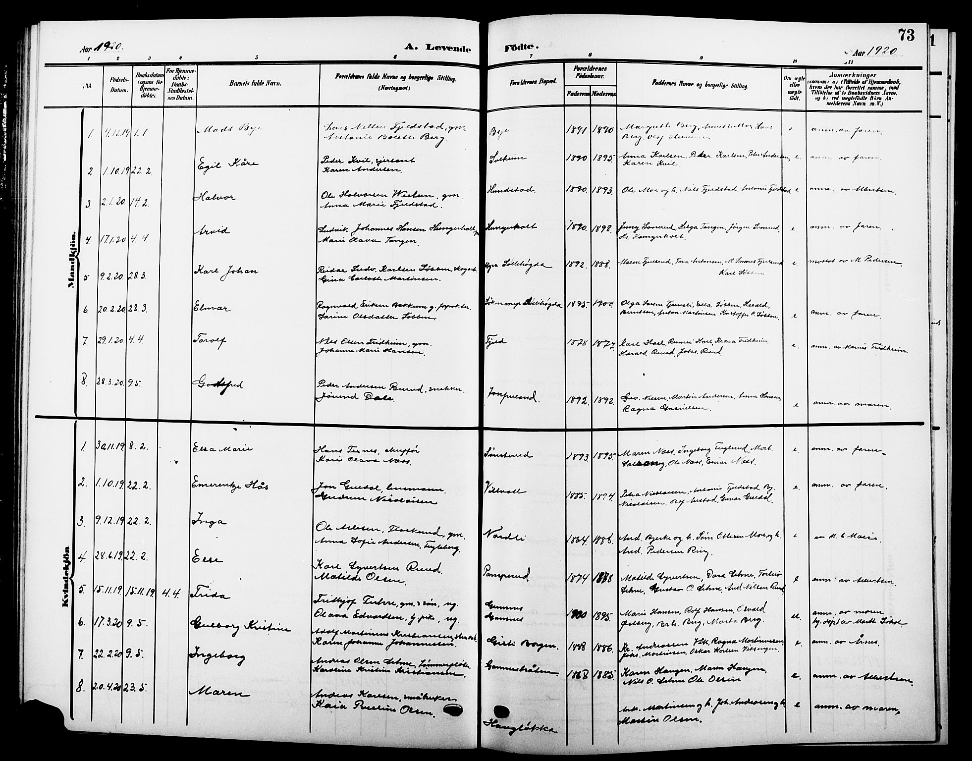 Hole kirkebøker, SAKO/A-228/G/Ga/L0004: Parish register (copy) no. I 4, 1905-1924, p. 73