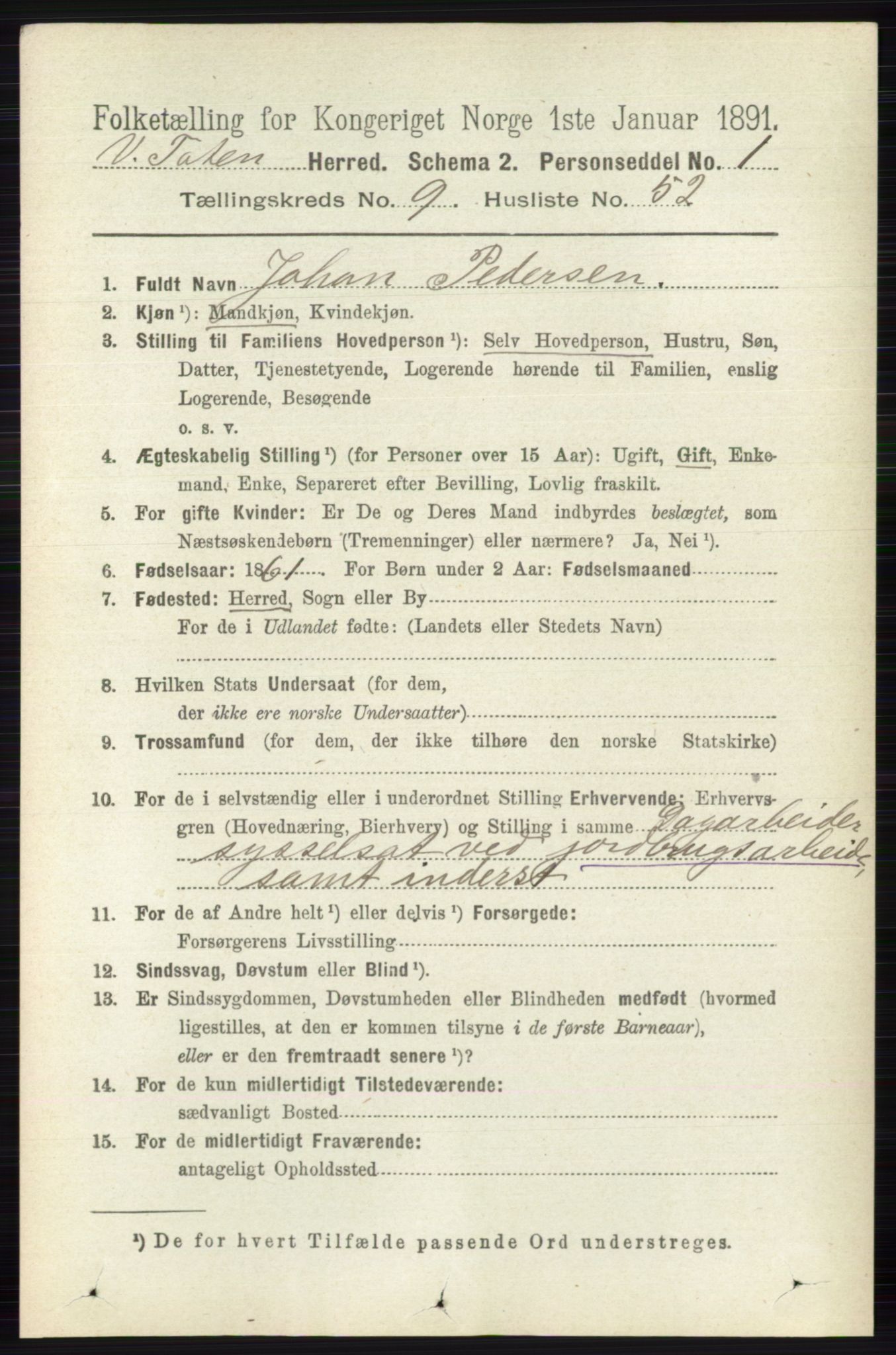 RA, 1891 census for 0529 Vestre Toten, 1891, p. 5883