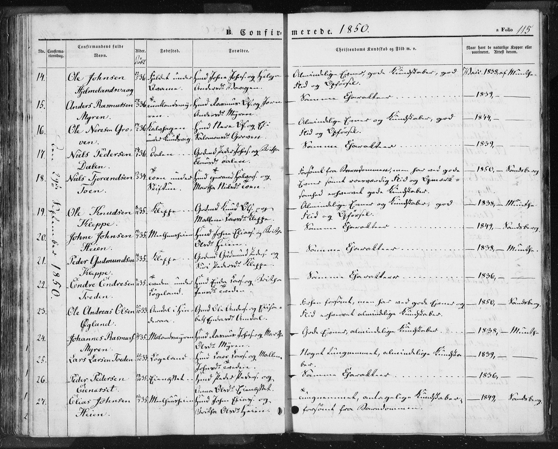 Hjelmeland sokneprestkontor, AV/SAST-A-101843/01/IV/L0009: Parish register (official) no. A 9, 1846-1860, p. 115