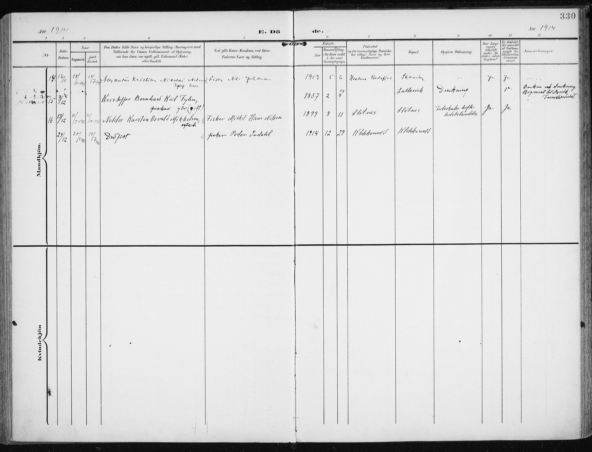 Karlsøy sokneprestembete, AV/SATØ-S-1299/H/Ha/Haa/L0014kirke: Parish register (official) no. 14, 1903-1917, p. 330