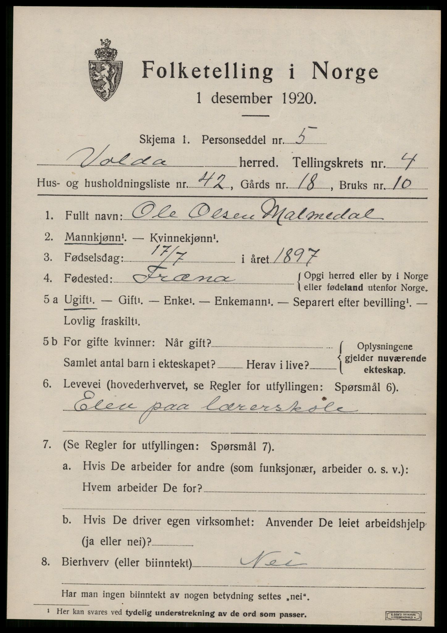 SAT, 1920 census for Volda, 1920, p. 3684