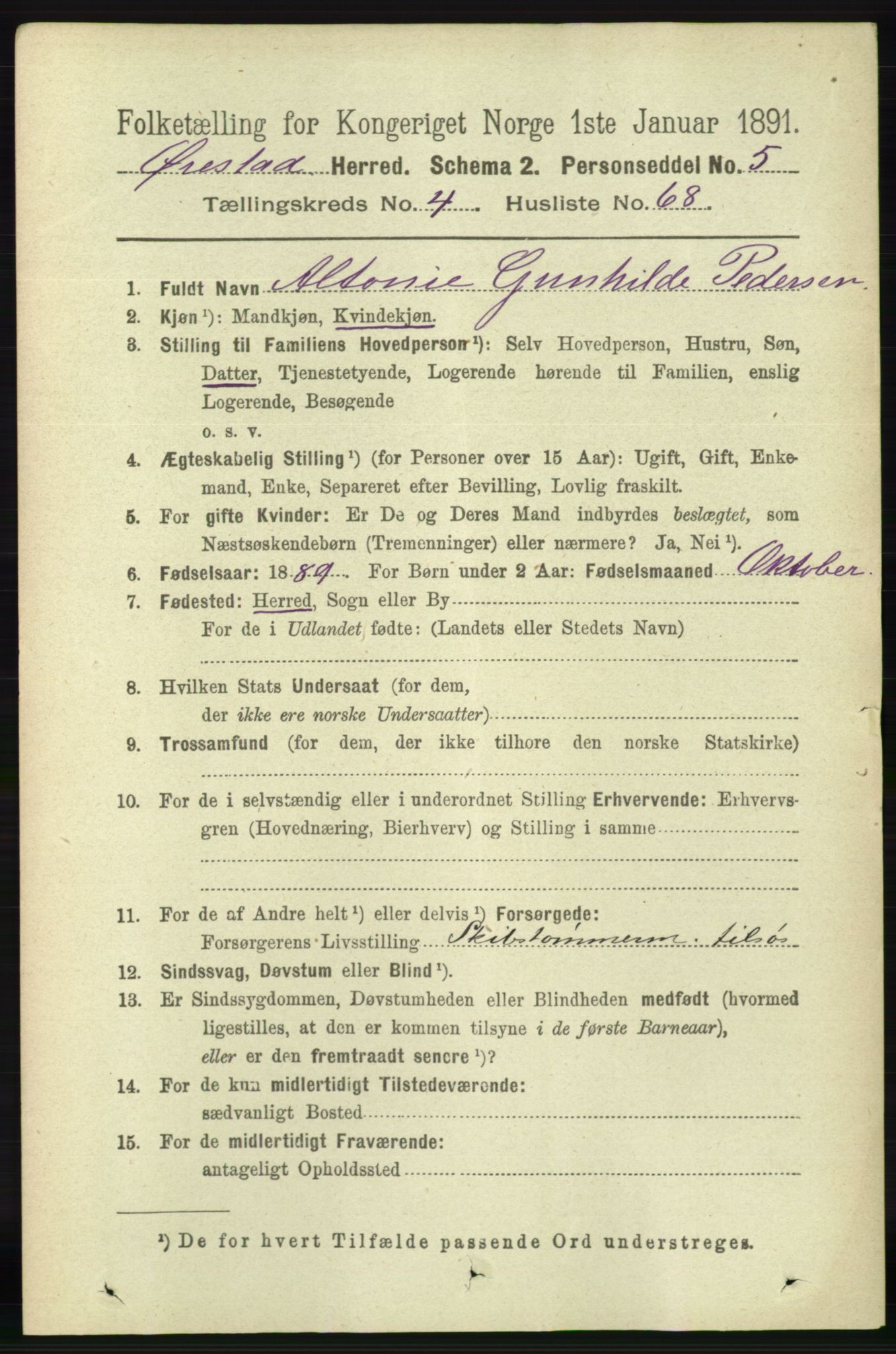 RA, 1891 census for 0920 Øyestad, 1891, p. 1750