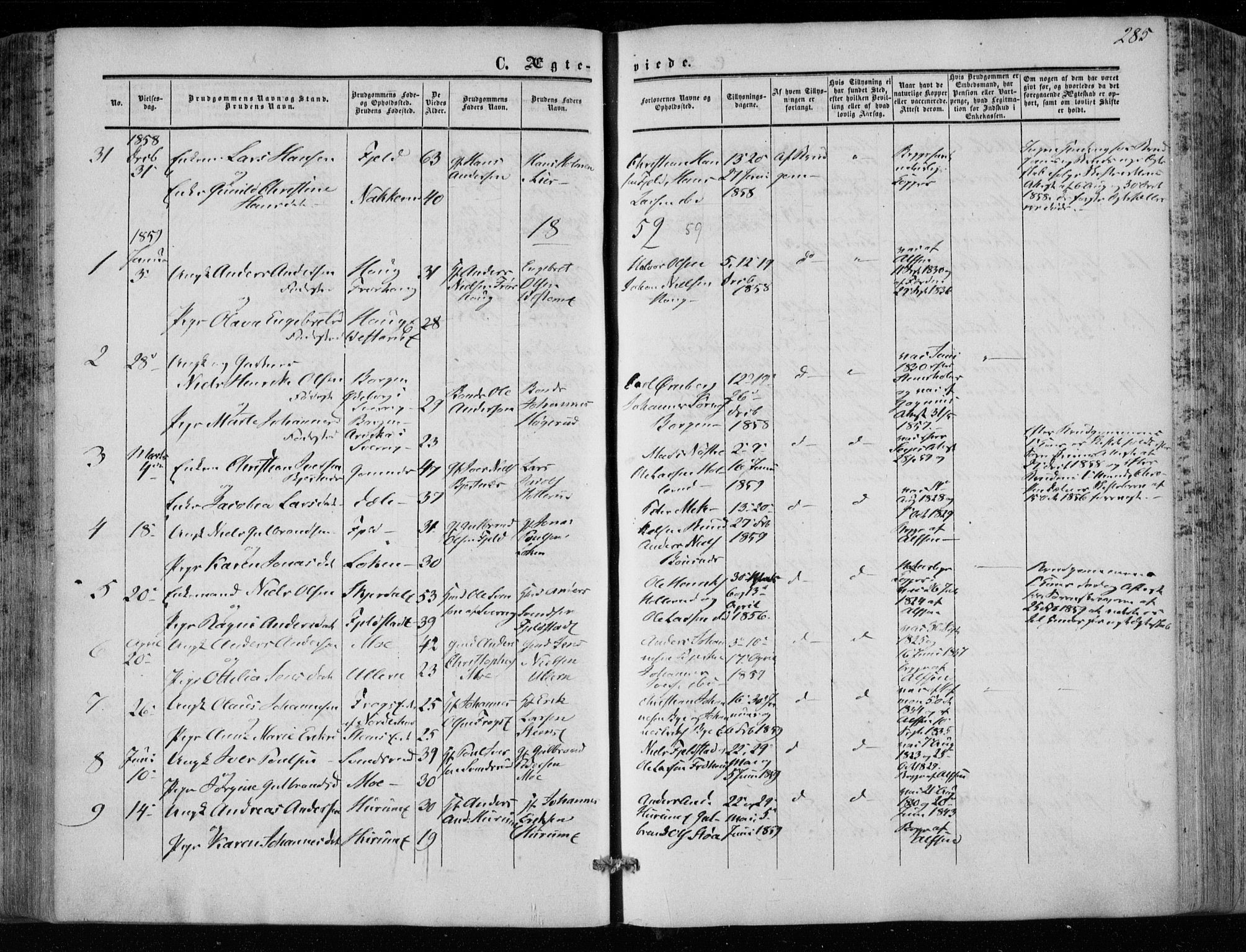 Hole kirkebøker, SAKO/A-228/F/Fa/L0006: Parish register (official) no. I 6, 1852-1872, p. 285