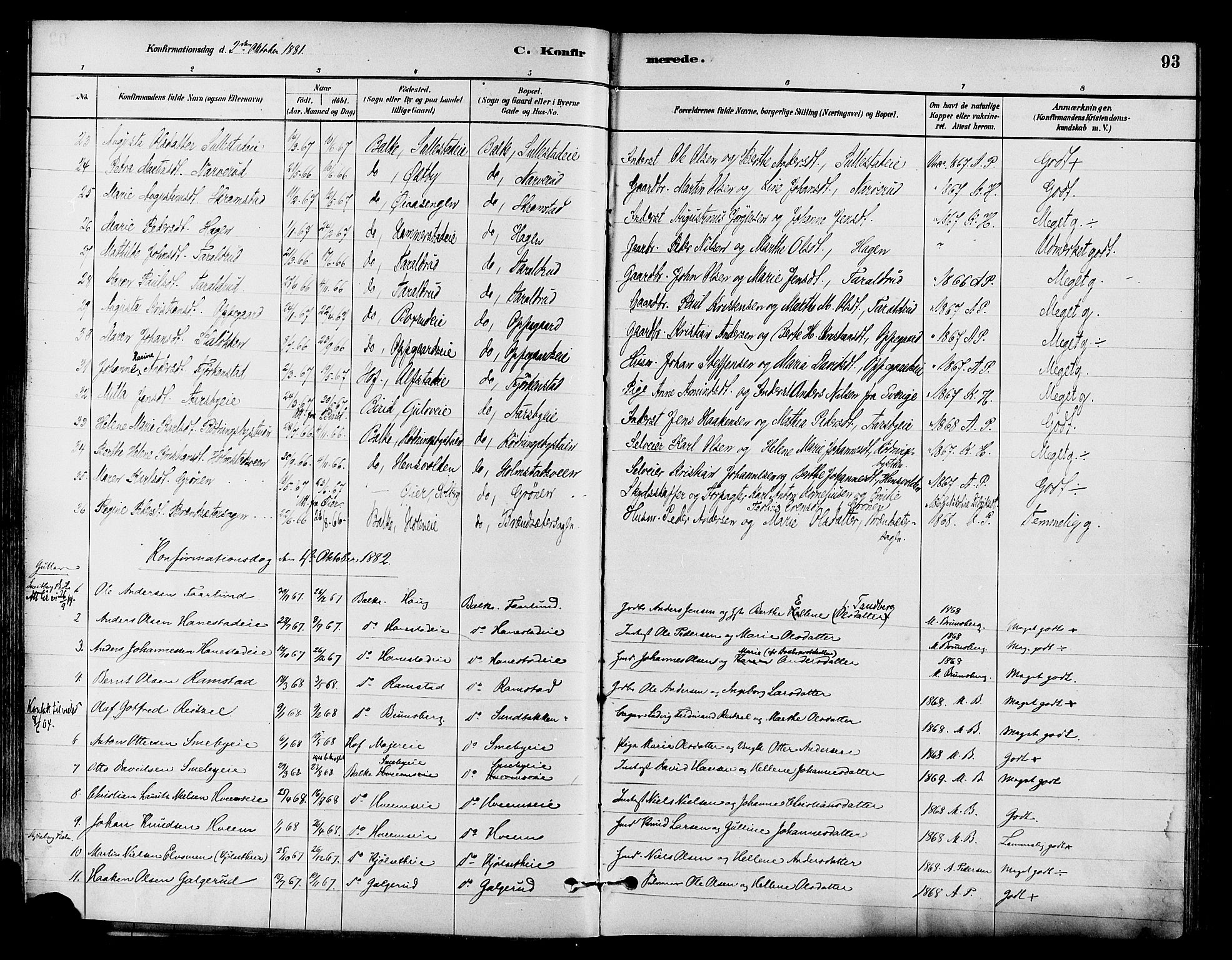 Østre Toten prestekontor, SAH/PREST-104/H/Ha/Haa/L0007: Parish register (official) no. 7, 1881-1896, p. 93