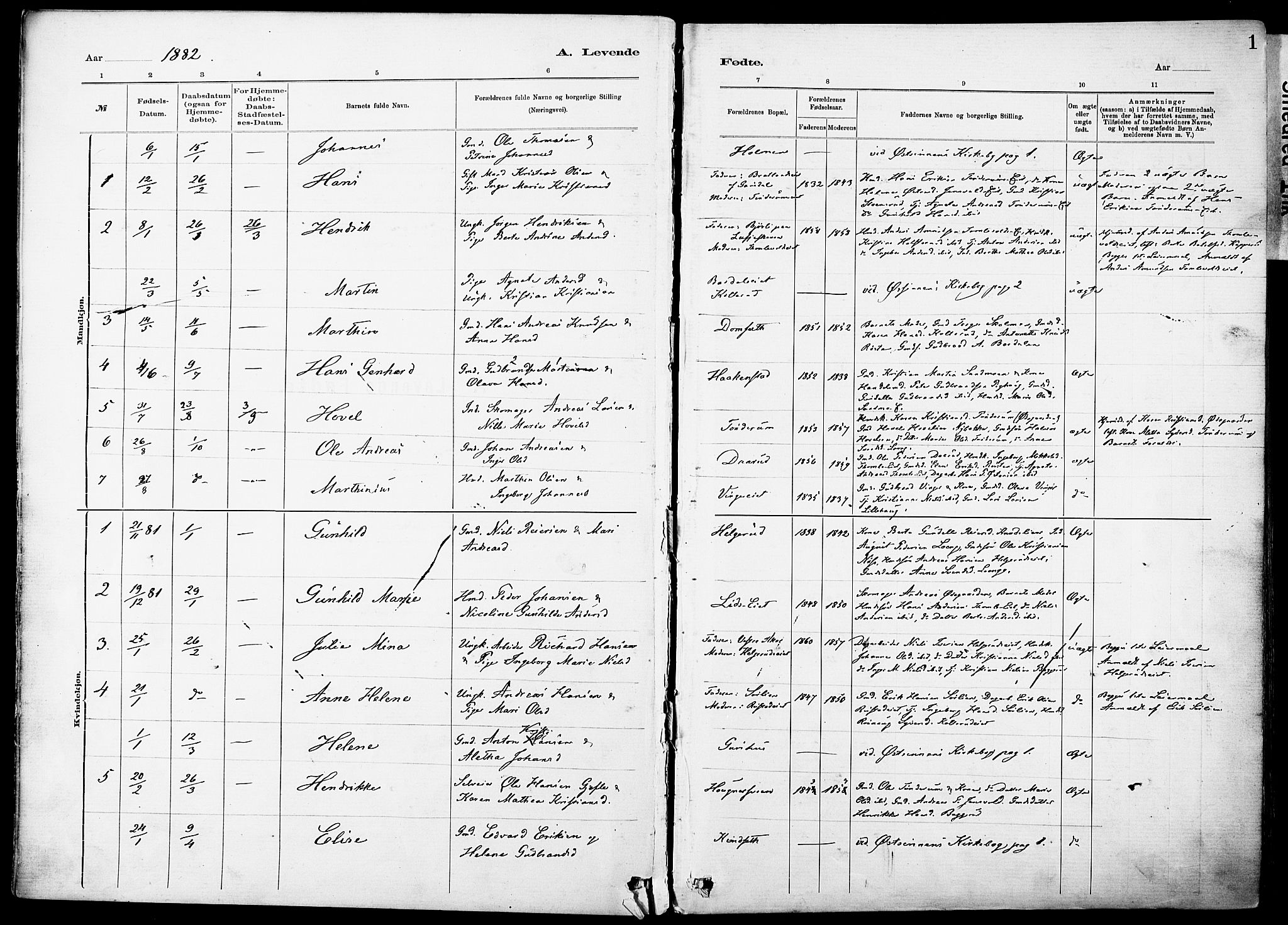 Nordre Land prestekontor, SAH/PREST-124/H/Ha/Haa/L0005: Parish register (official) no. 5, 1882-1903, p. 1
